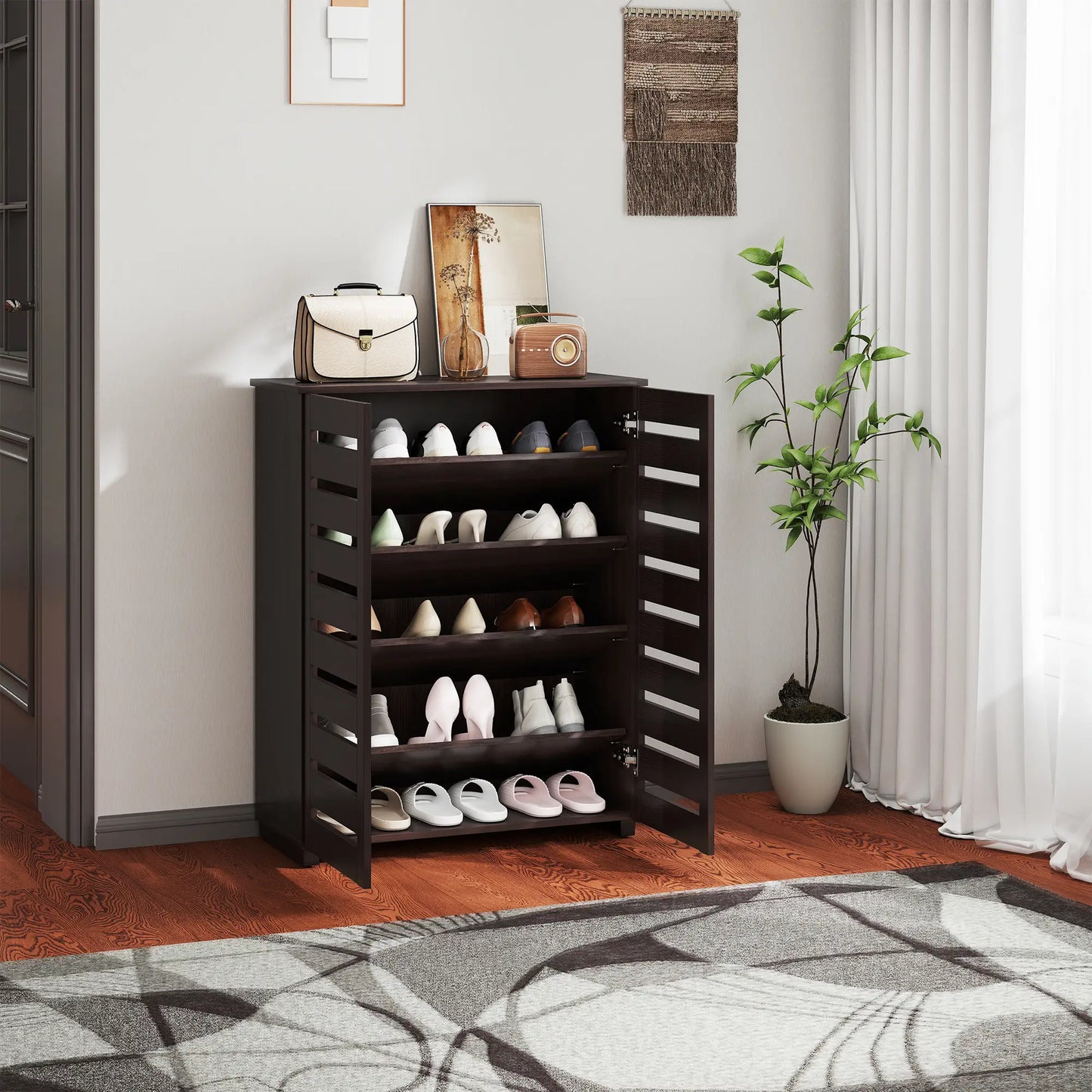 Narrow Shoe Cabinet, 2 Slatted Doors, Adjustable Shelves, Holds 15 Pairs, Dark Brown Shoe Storage Cabinets & Racks at Gallery Canada
