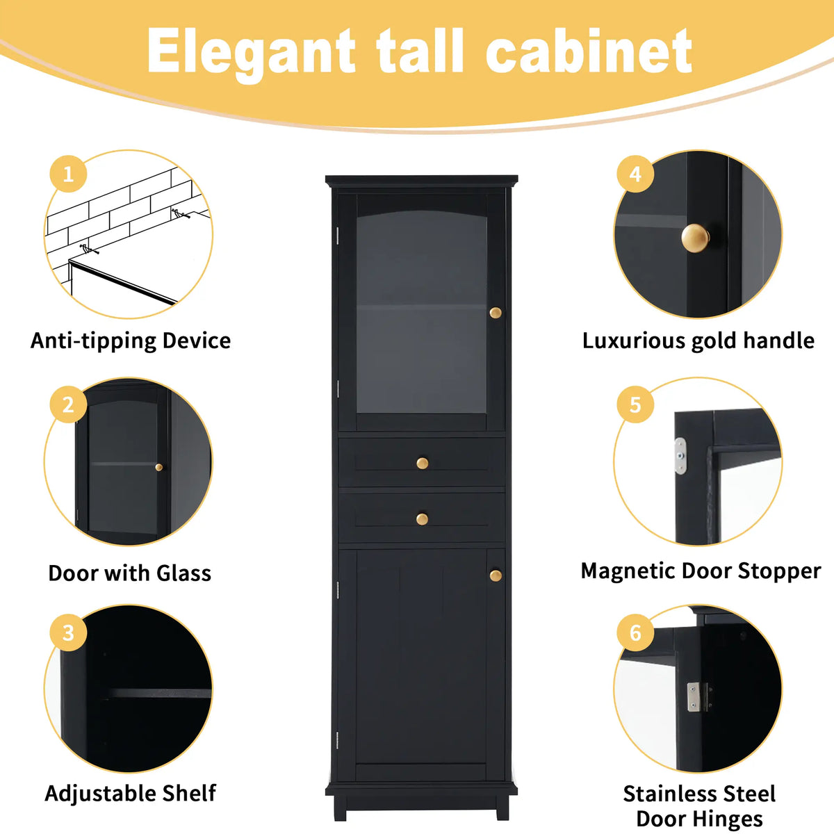 Bathroom Storage Cabinet, Glass Doors, Adjustable Shelves, 18" L x 14" W x 63" H, Black Bathroom Cabinets at Gallery Canada