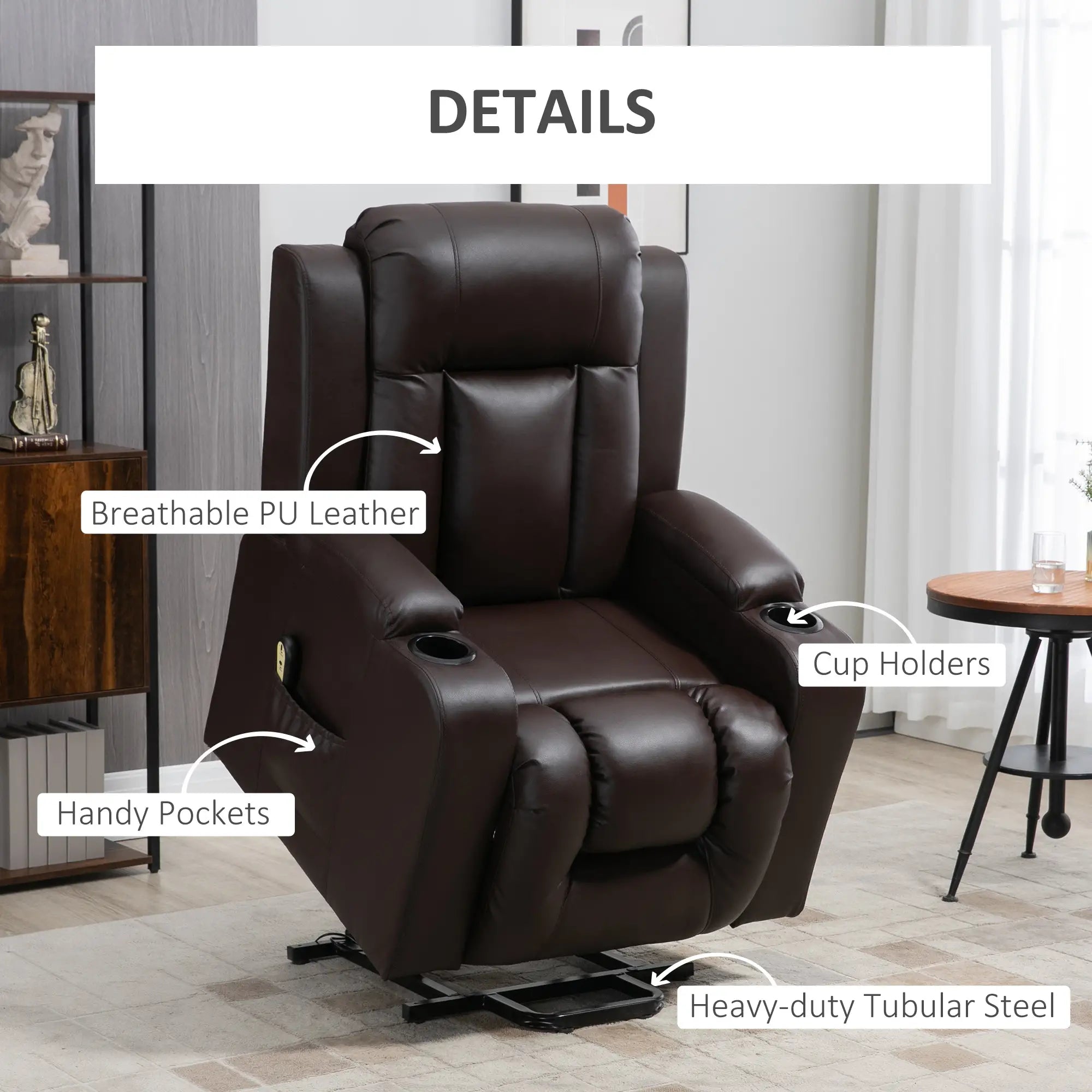 Electric Power Lift Chair, PU Leather Recliner Sofa with Footrest, Remote Control and Cup Holders, Brown Electric Power Lift Chairs at Gallery Canada