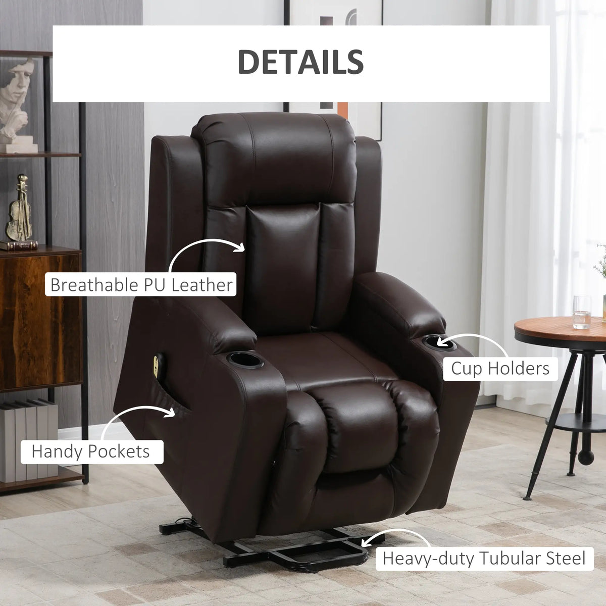 Electric Power Lift Chair, PU Leather Recliner Sofa with Footrest, Remote Control and Cup Holders, Brown Electric Power Lift Chairs at Gallery Canada