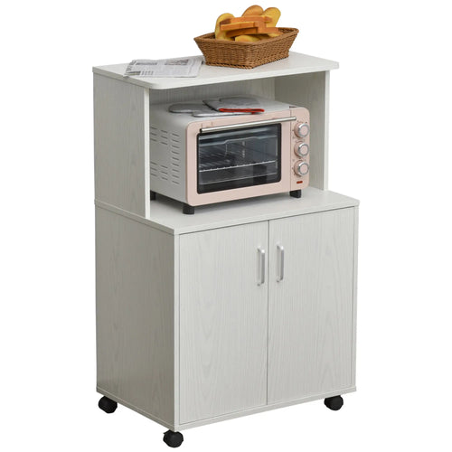 Microwave Cart on Wheels, 2-Door Cabinet, White Oak, White