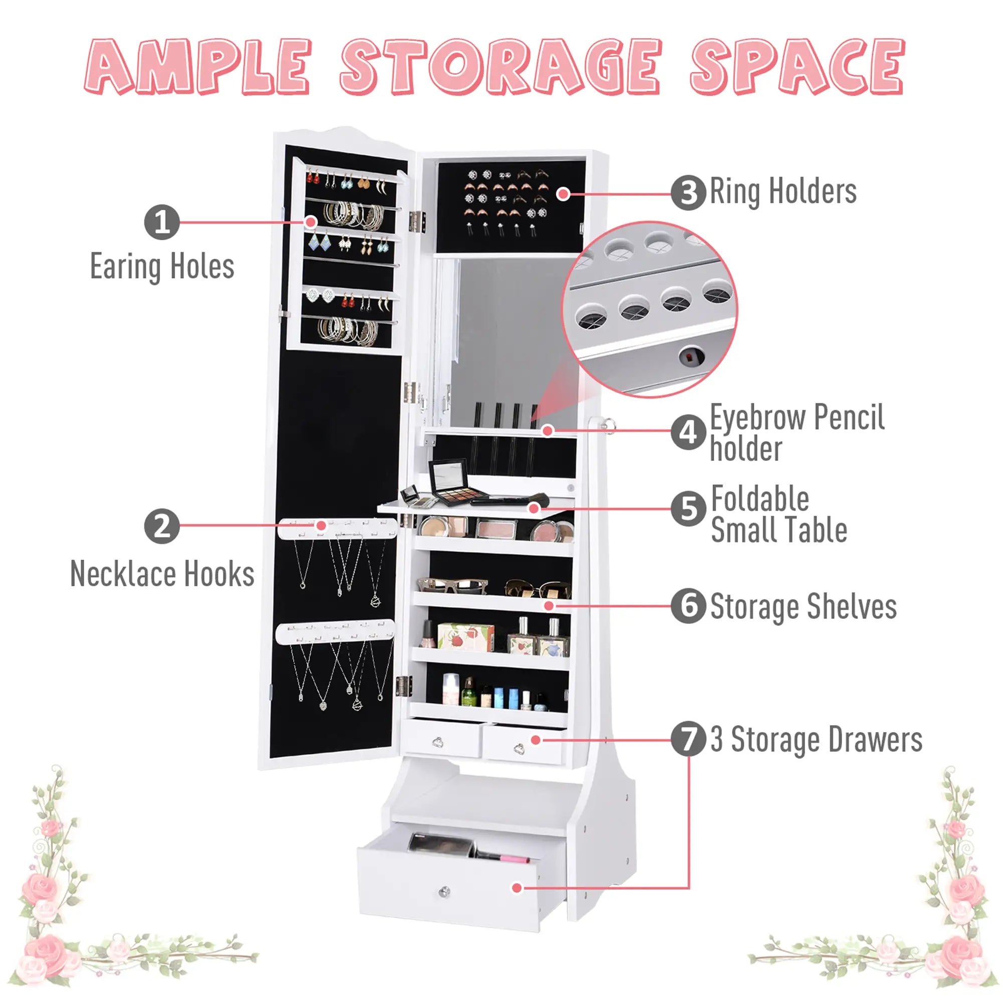 Standing Jewelry Cabinet Organizer with LED Lights, White Jewelry Armoire & Jewellery Mirror Cabinets at Gallery Canada