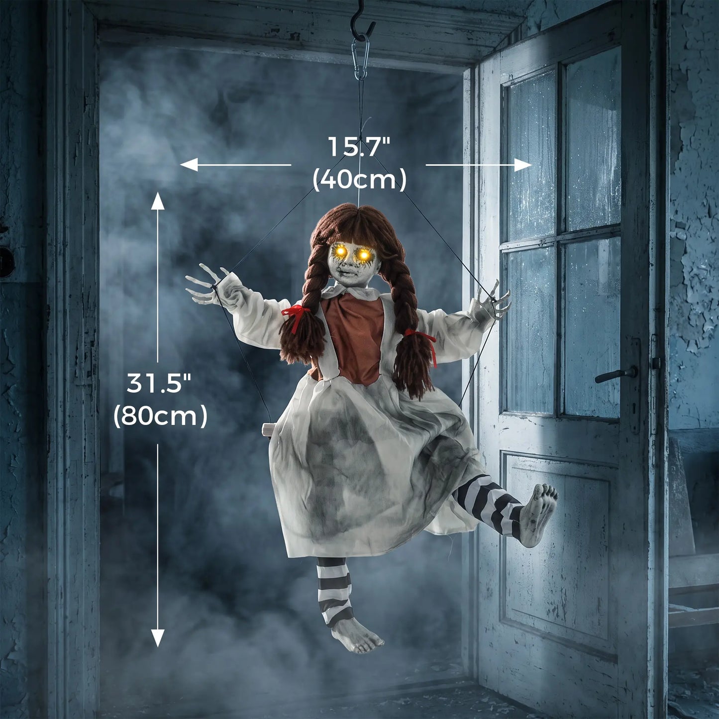 Halloween Animated Creepy Girl Swing, Light-Up Eyes, Sound