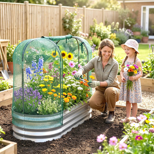 Galvanized Raised Garden Bed, Crop Cage Net Cover, Outdoor Planter Box