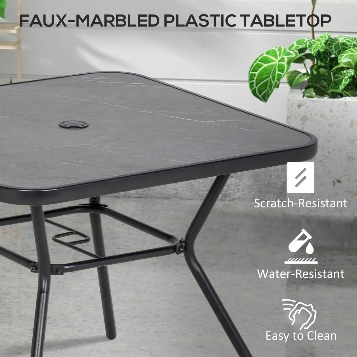 Square Outdoor Table, Patio Bistro Coffee Table, Faux-Marbled Top, 42mm Umbrella Hole, Dark Grey Patio Dinning Tables at Gallery Canada