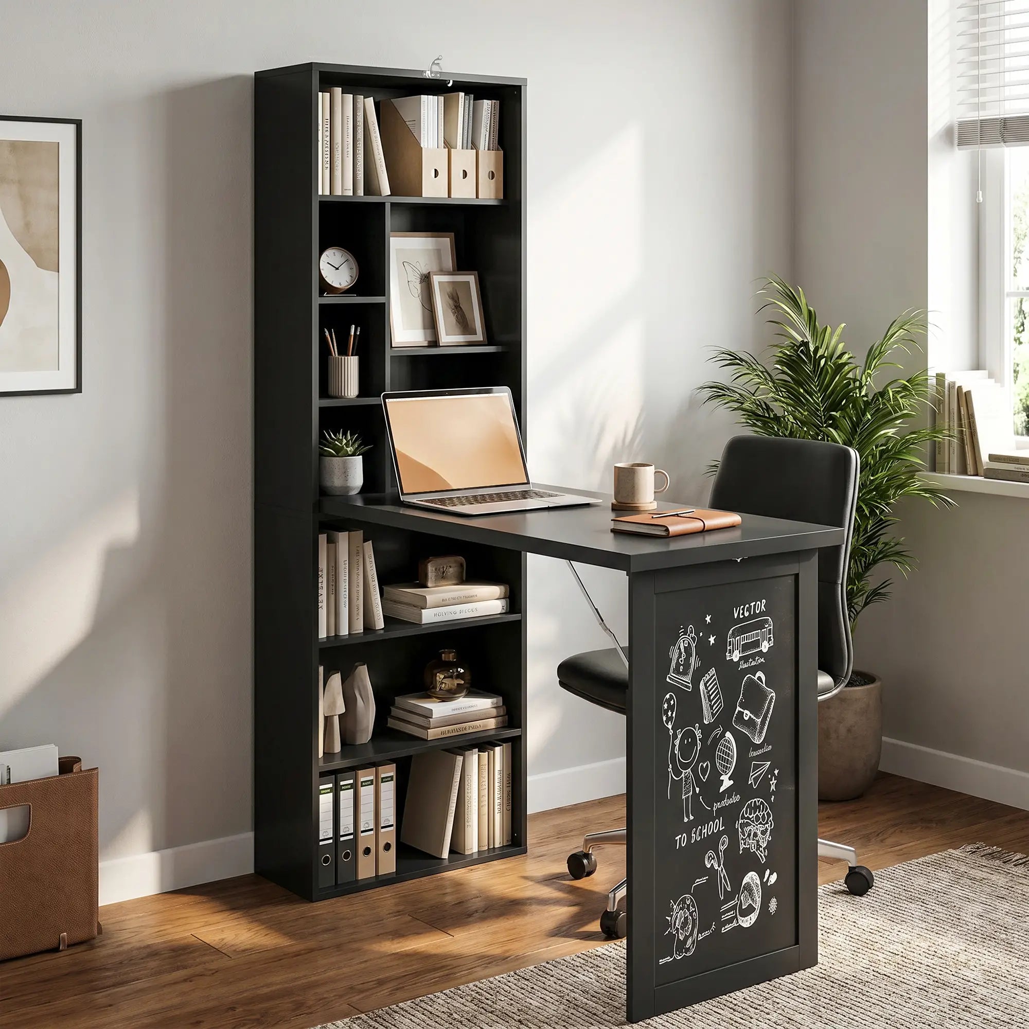 Fold-Out Convertible Office Desk, Wall Mount Computer Desk, Blackboard, Side Shelf, Black Computer Desks Black at Gallery Canada