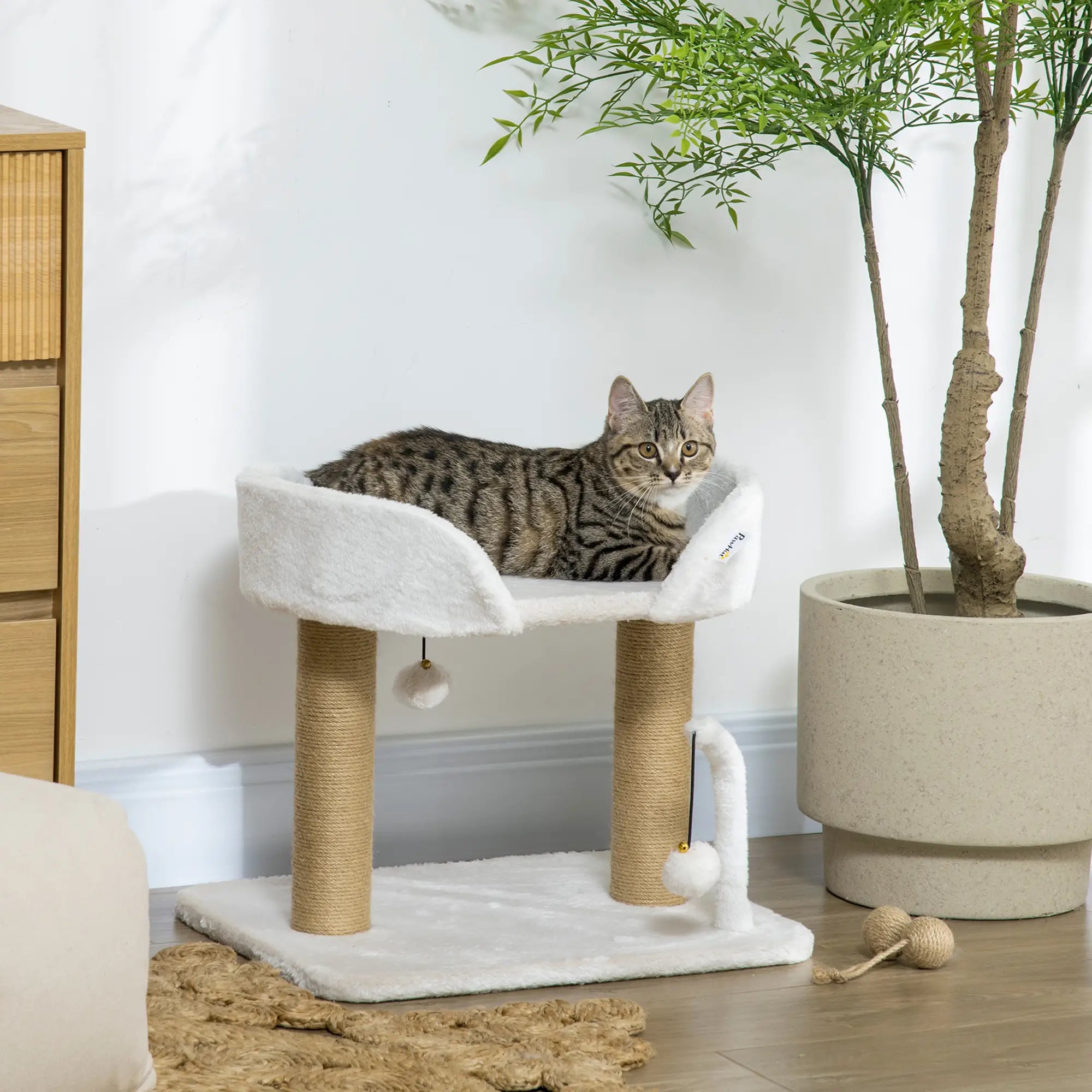 Small Cat Tower Condo, Jute Scratching Posts, Top Perch, Dangling Balls, White Cat Trees at Gallery Canada