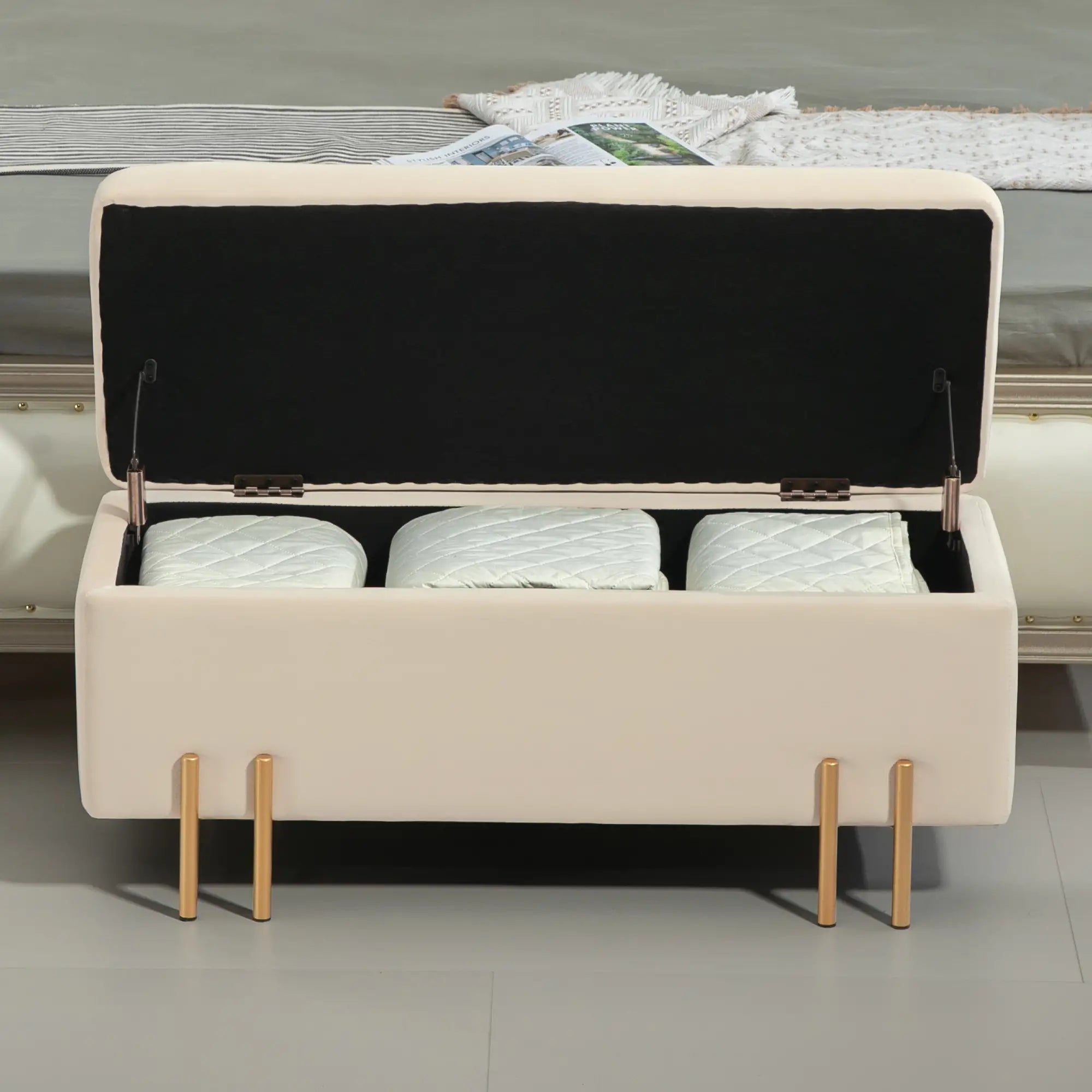 Storage Ottoman Bench, Flip-Top, 18.5 Gallons, Velvet, Metal Legs, Beige Storage Ottomans & Benches at Gallery Canada