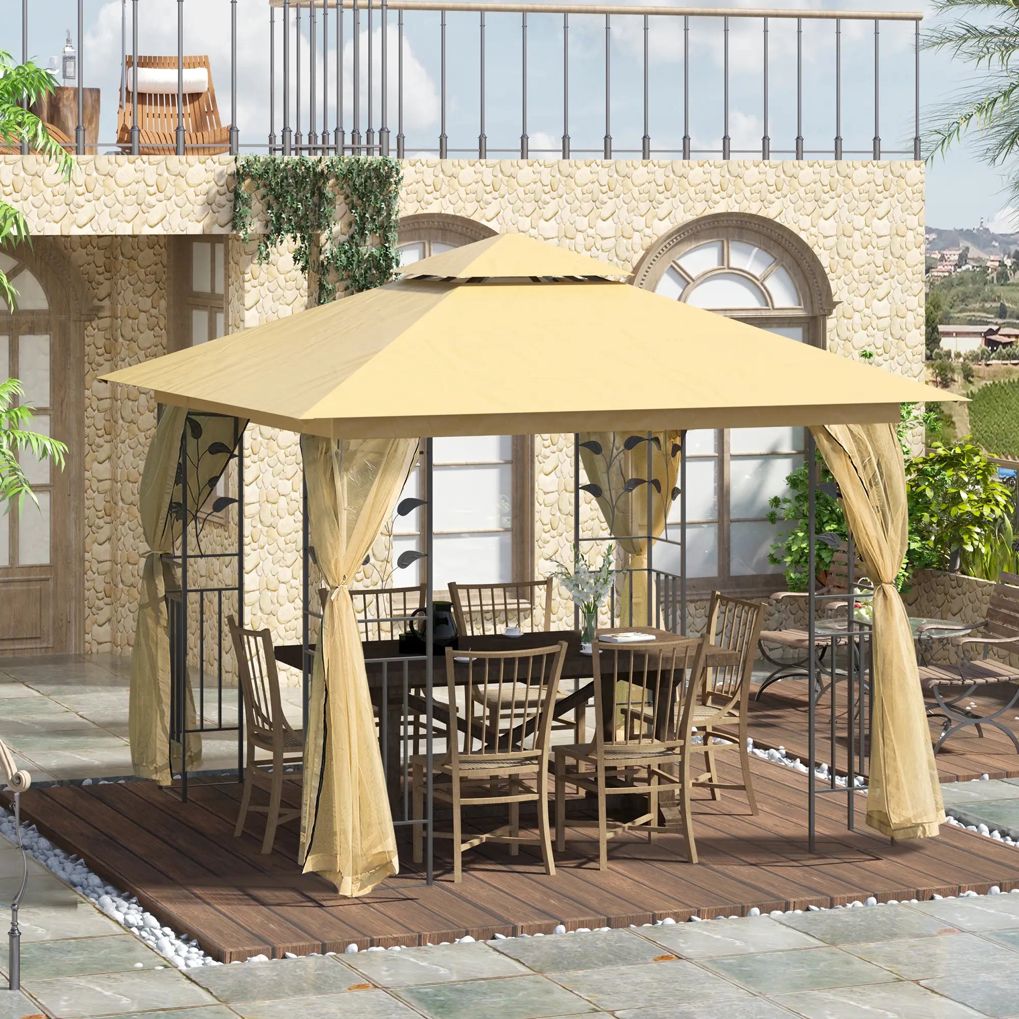 10'x10' Steel Patio Gazebo, Soft-Top, 2-Tier Roof, Beige Gazebos at Gallery Canada