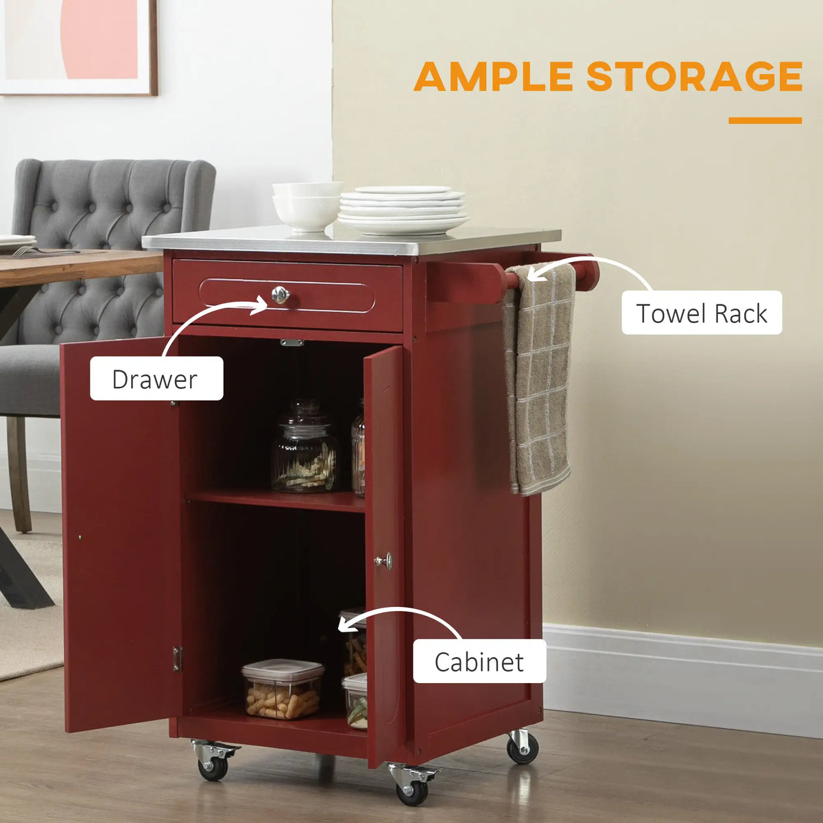 Kitchen Cart, Stainless Steel Top, Storage Drawer, 36x24x36 in, Red Kitchen Islands & Kitchen Carts at Gallery Canada
