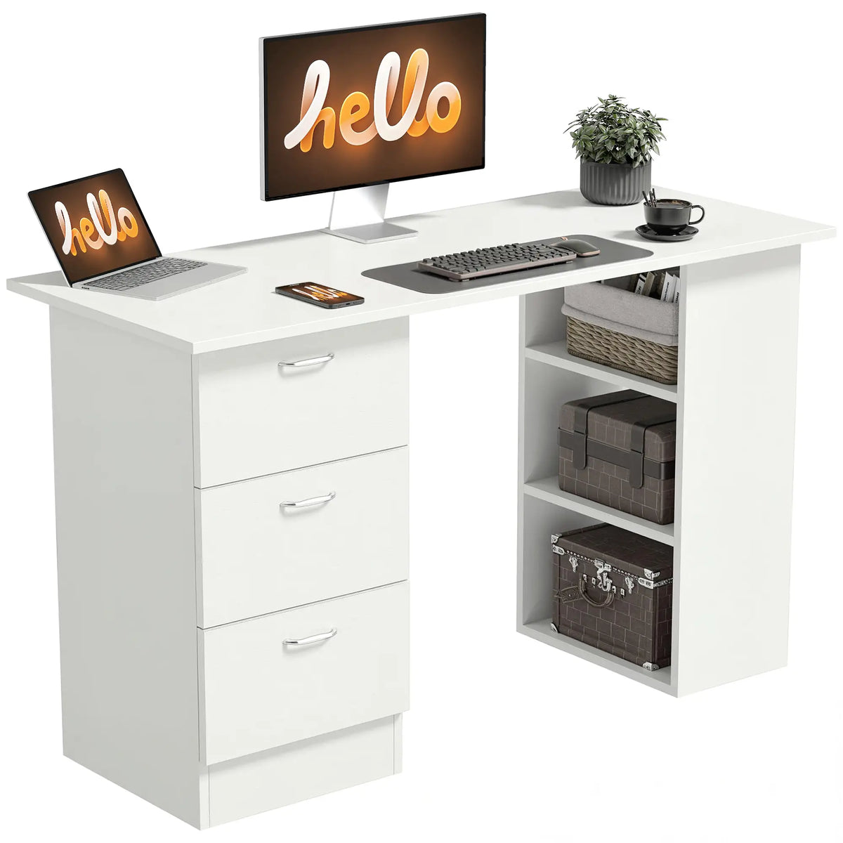 47" Writing Desk With 3-Tier Shelves, 3 Drawers, White Writing Desks at Gallery Canada