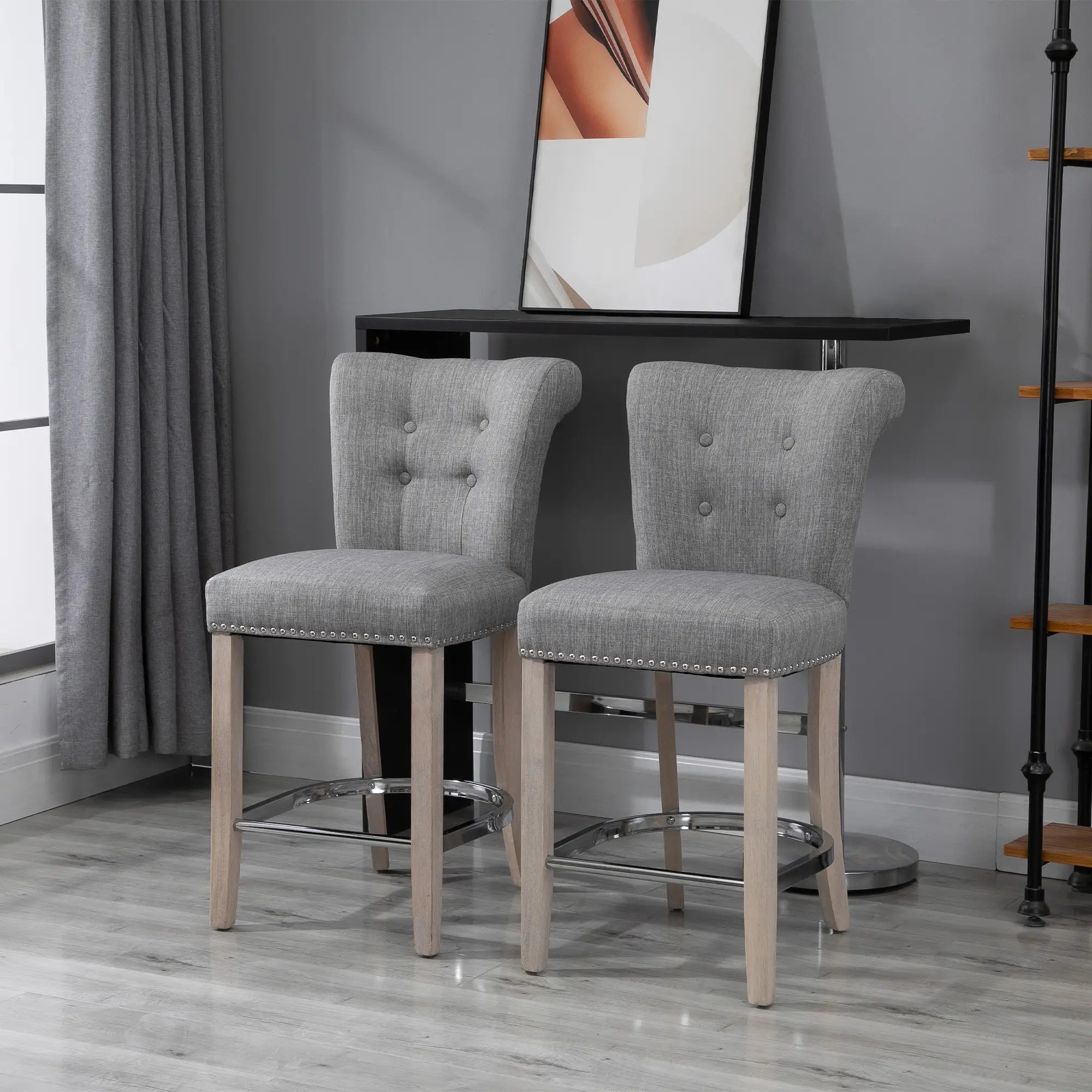Upholstered Counter Height Bar Stools, Set of 2, Wood Legs, Grey Bar Stools at Gallery Canada