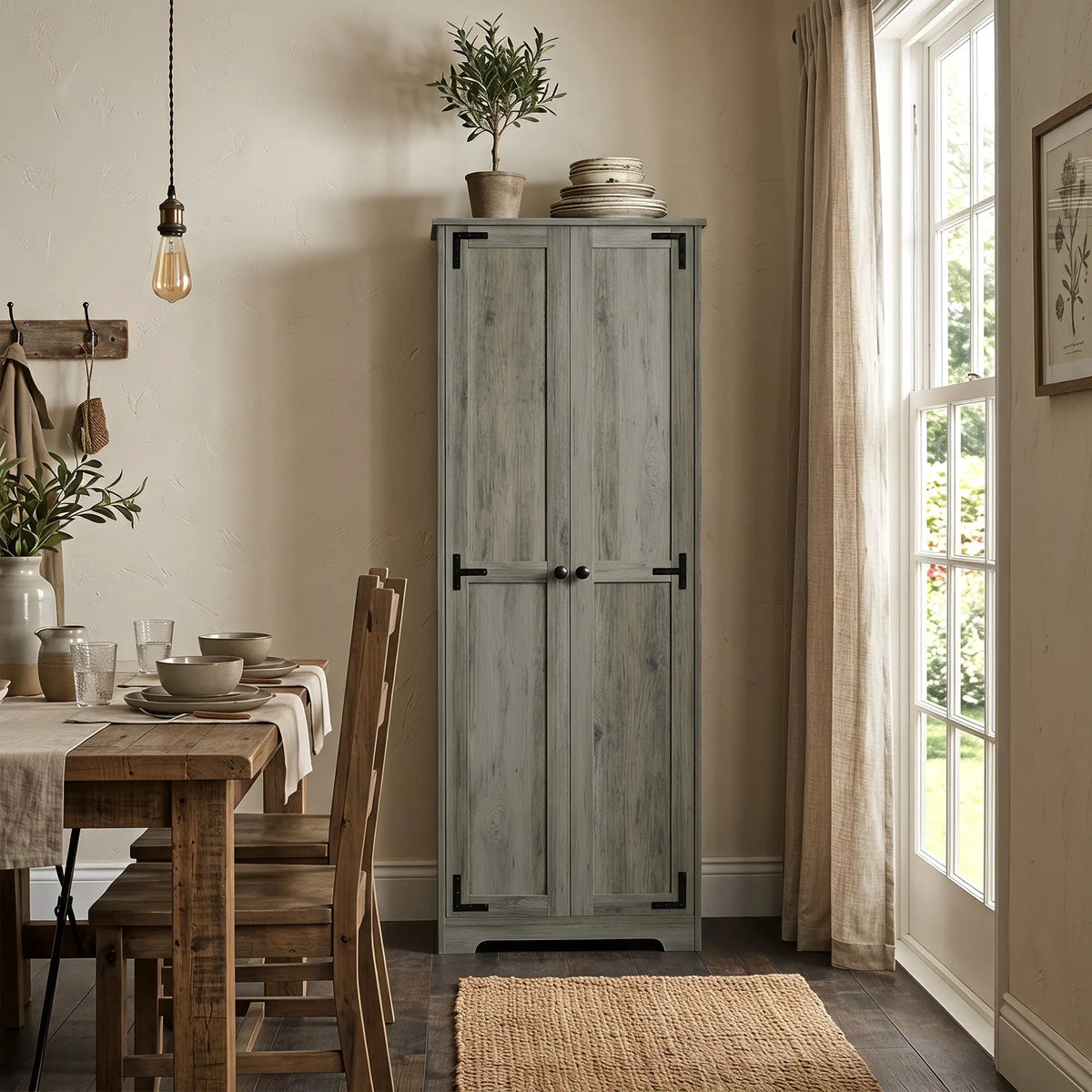 67" Farmhouse Pantry Cabinet, 2 Doors, Adjustable Shelves, Distressed, Grey Storage Cabinets at Gallery Canada