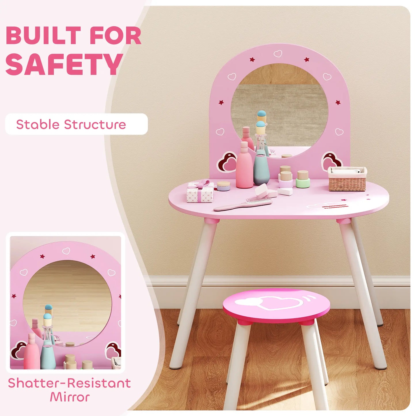 Kids Dressing Table with Mirror and Stool, Girls Vanity Set, Pink Toy Vanity at Gallery Canada