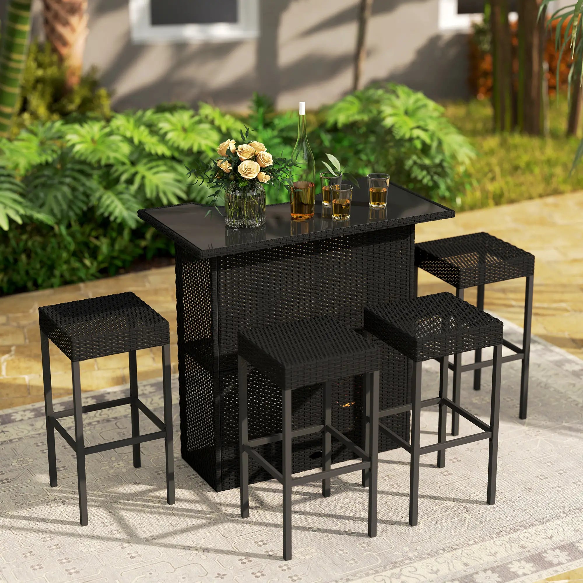 5-Piece Patio Bar Set, Outdoor PE Rattan Table and Chairs, Black Bistro Sets at Gallery Canada