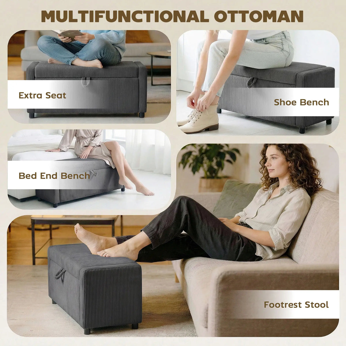 Upholstered Corduroy Storage Ottoman, Dark Grey Storage Ottomans & Benches at Gallery Canada