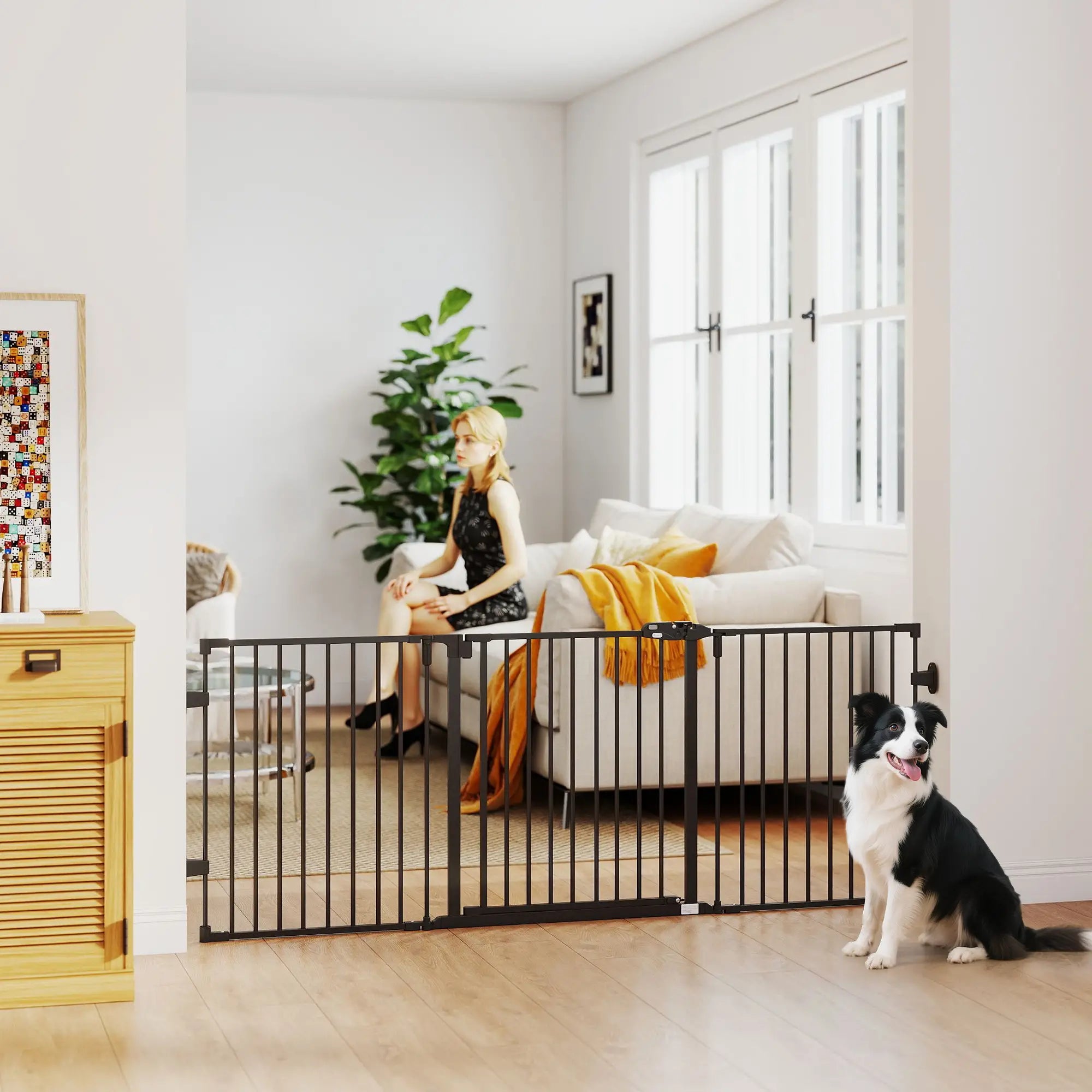 Foldable Dog Gate with Door, 3 Panel Metal Pet Gate, Black Pet Gates at Gallery Canada