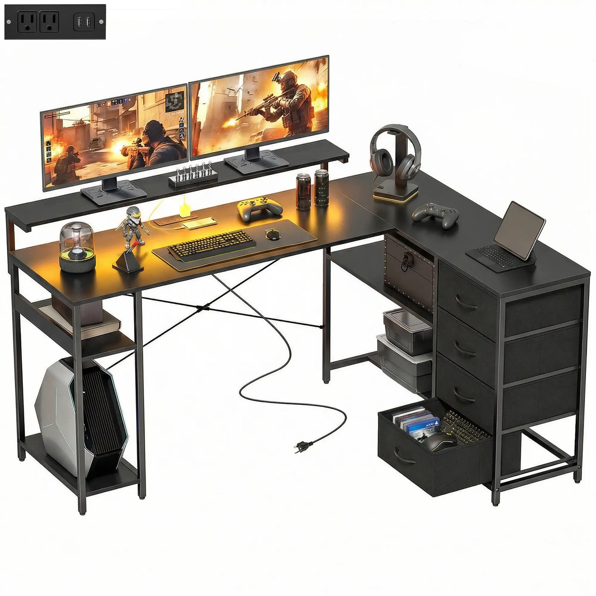 Gaming Desk With Power Outlets, LED Lights, Drawers, Monitor Stand, 61", Black Gaming Desks Black at Gallery Canada