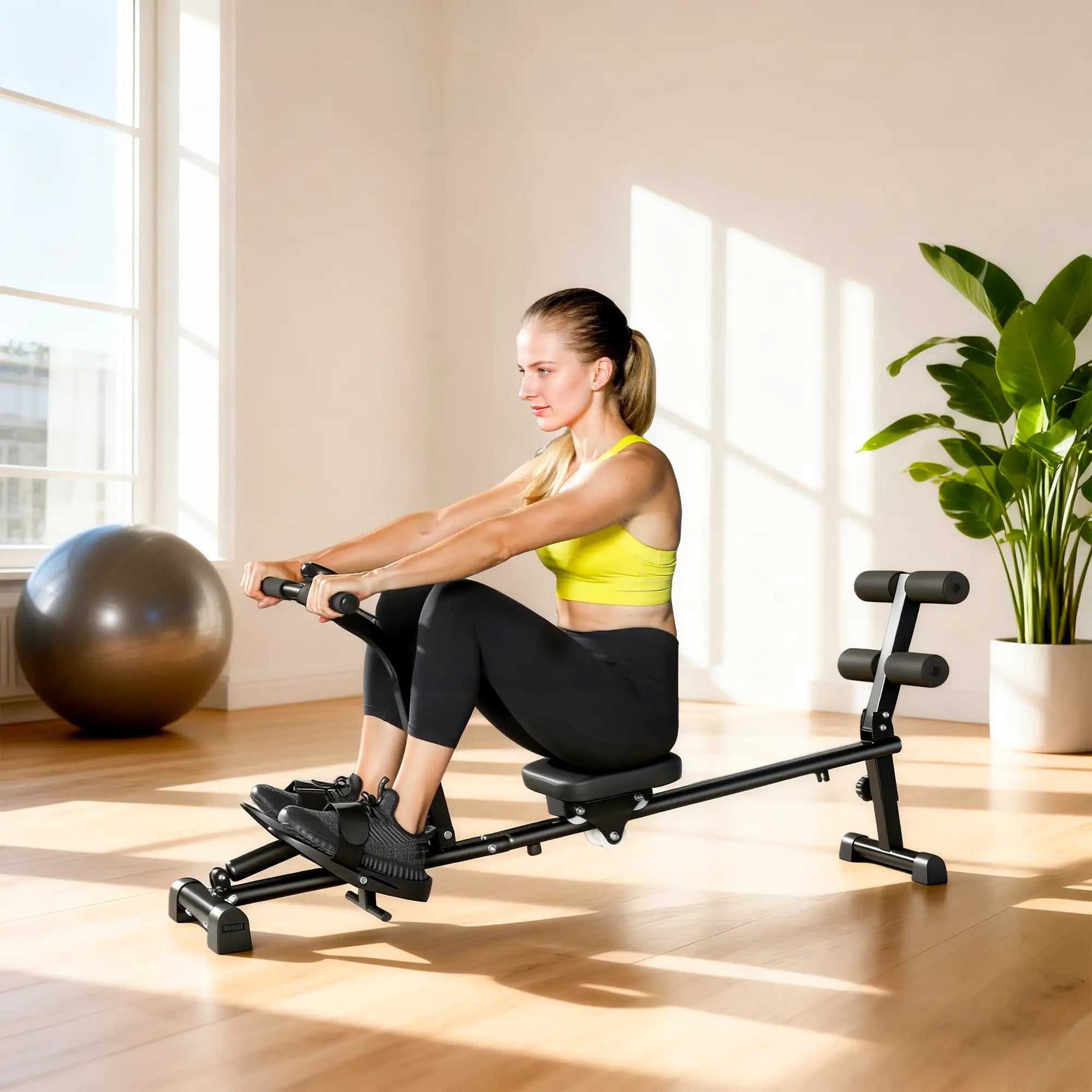 Hydraulic Rowing Machine with LCD Monitor, Sit-Up Function for Home Gym, Black Aerobic Equipment at Gallery Canada