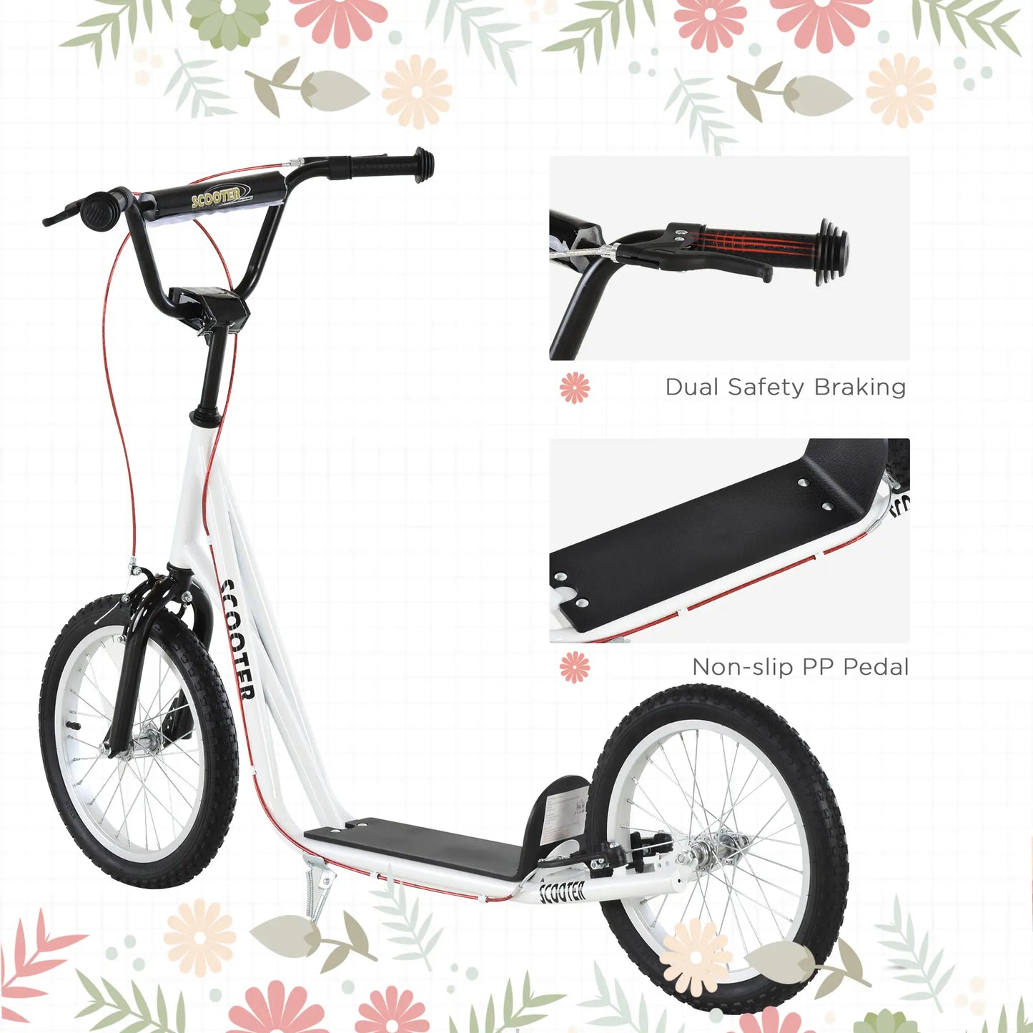Kids Kick Scooter, 5+ Years, 16'' Inflatable Wheel, Dual Brakes, White Scooters at Gallery Canada