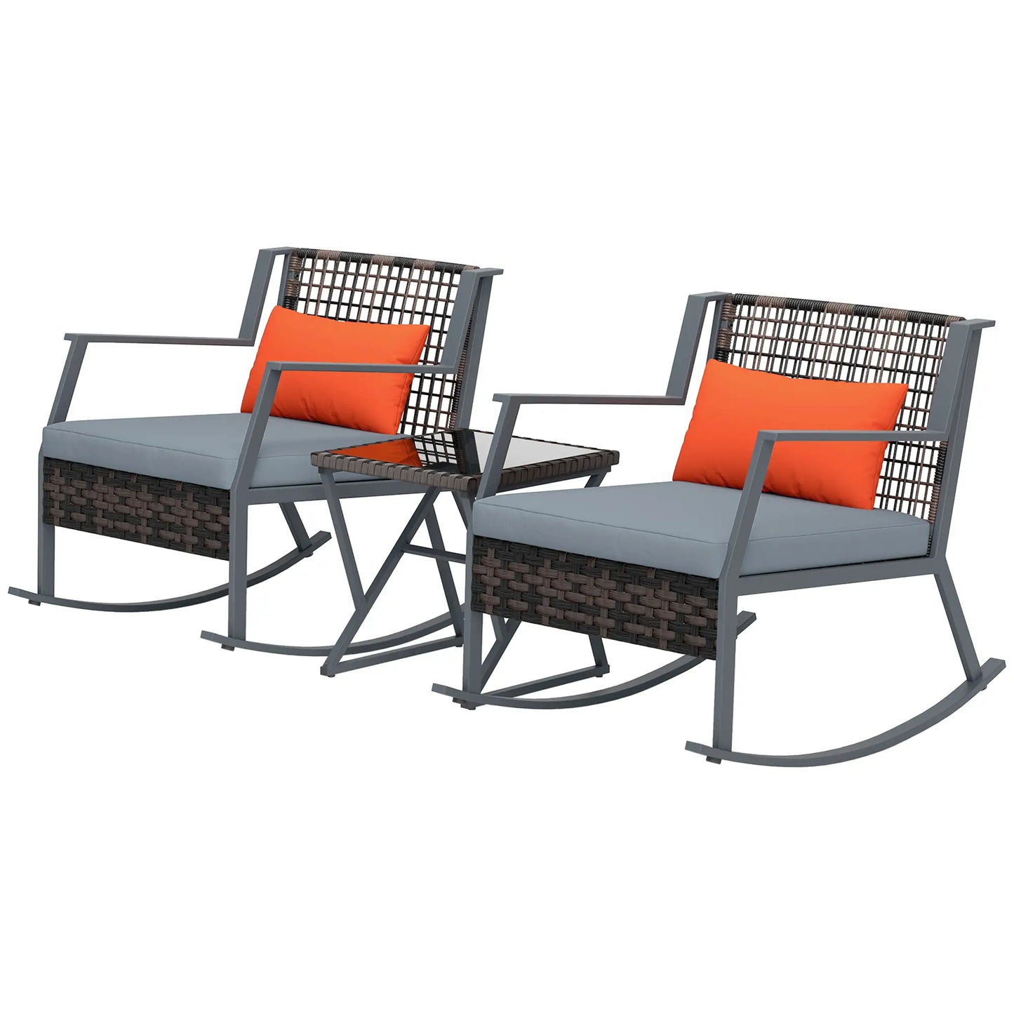 3 Pc Rocking Bistro Set, Wicker Patio Furniture with Cushions, Glass Table, Grey Outdoor Rocking Chairs Mixed Brown, Grey at Gallery Canada