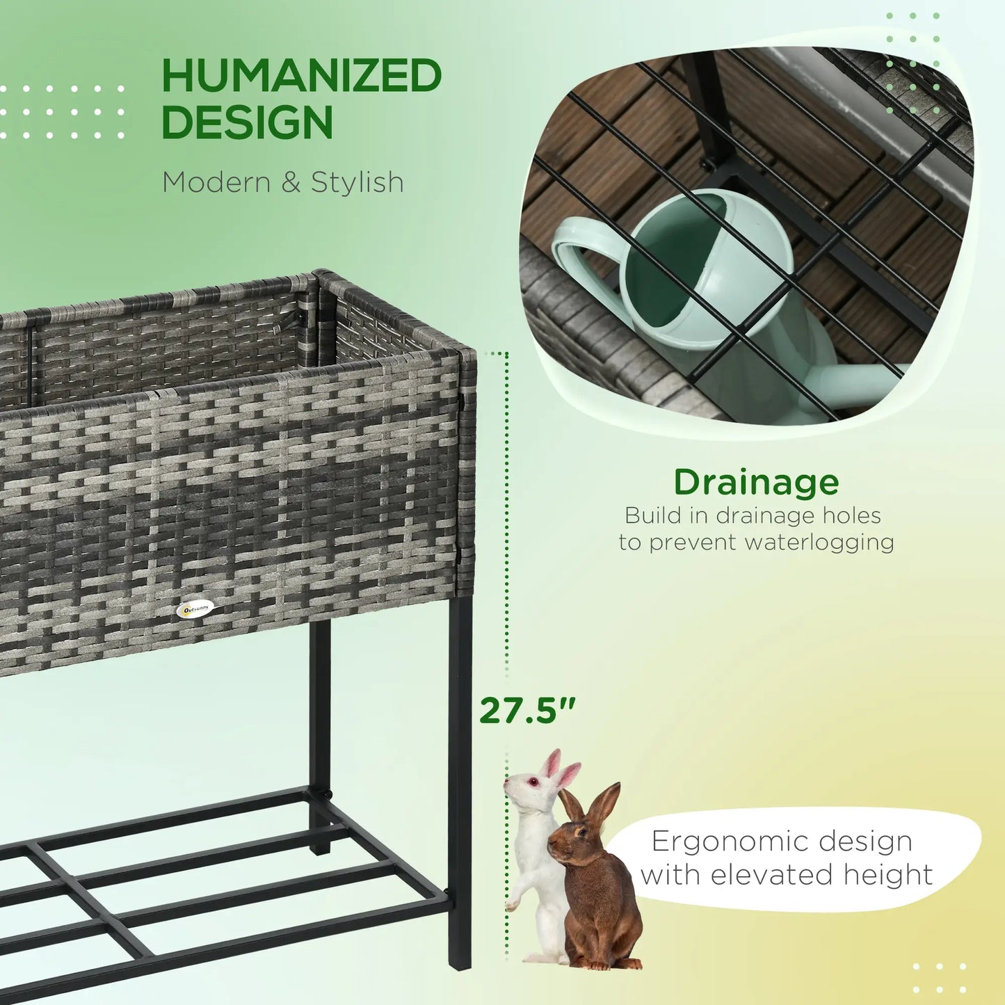 Rattan Raised Garden Box, Elevated Flower Bed with Shelf, Mixed Grey, Grey Plant Stands at Gallery Canada