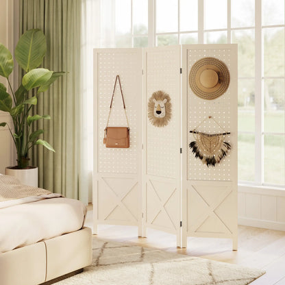 56.9" 3 Panel Wooden Room Divider With Pegboard Display, White Room Dividers at Gallery Canada