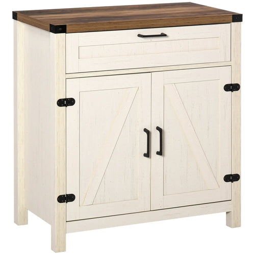 Farmhouse Kitchen Cabinet, Sideboard with 2 Barn Doors, Drawer, White