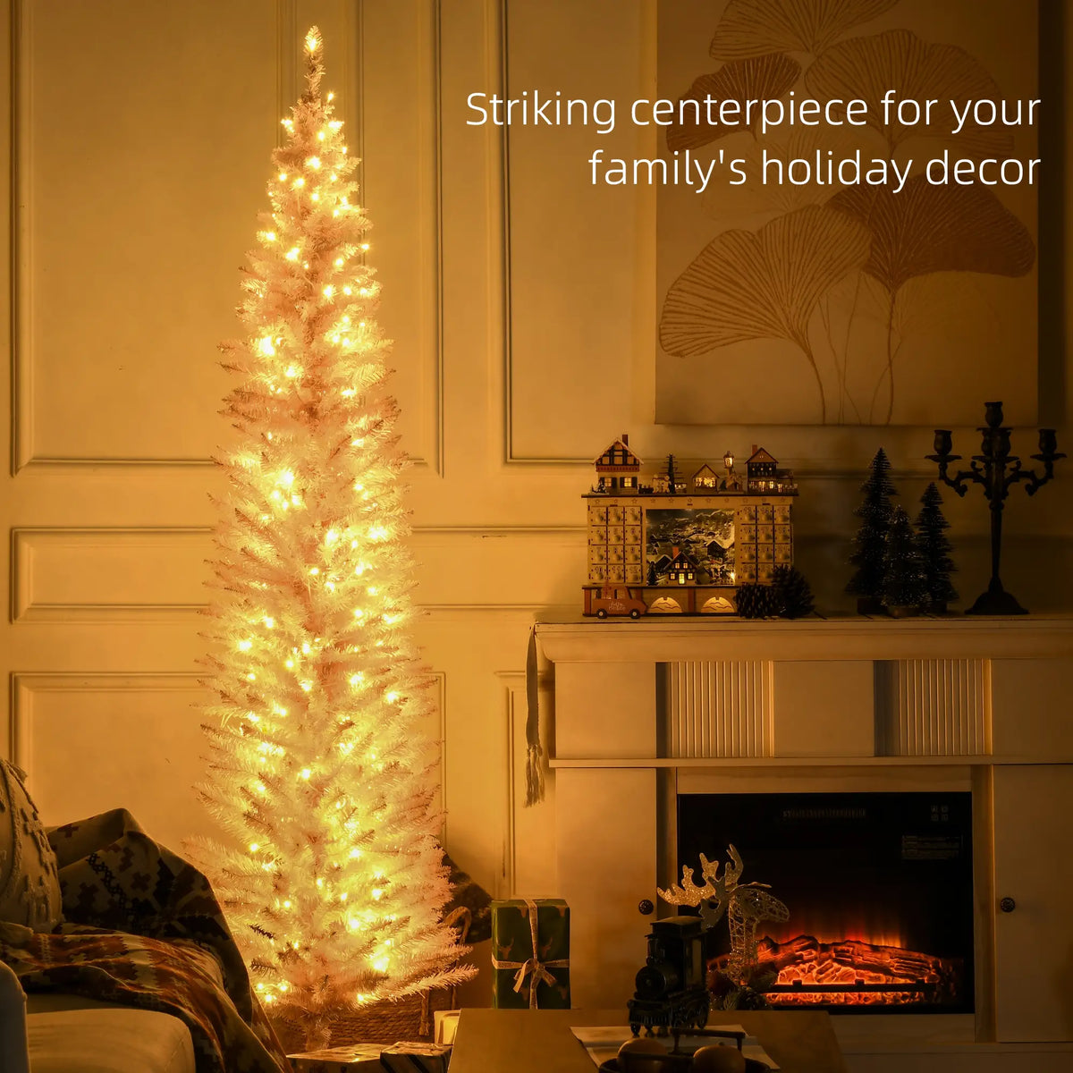 7' Pre Lit Artificial Pencil Christmas Tree, Warm White LED Lights, Pink Pencil Christmas Trees at Gallery Canada