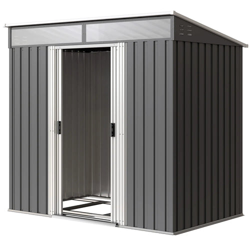 6.5x4FT Galvanised Metal Shed, Foundation Kit, Lockable Garden Storage, Sliding Doors, Vents, Grey