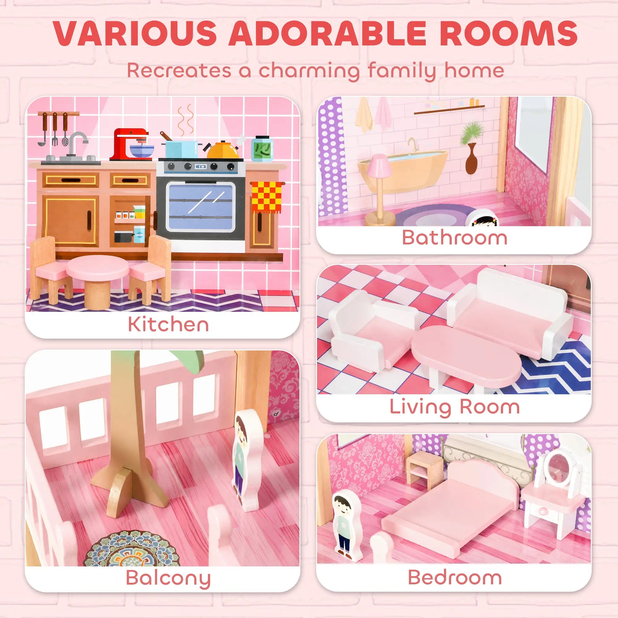 Qaba Wooden Doll House for Girls with 5 Rooms, Dolls, Furniture, DIY Pretend Dollhouse Playset, Gift for Kids Ages 3-6, Pink Play Houses at Gallery Canada