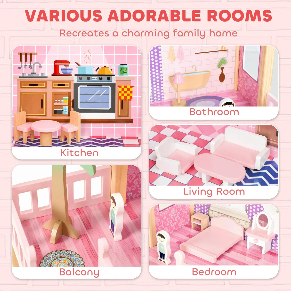 Qaba Wooden Doll House for Girls with 5 Rooms, Dolls, Furniture, DIY Pretend Dollhouse Playset, Gift for Kids Ages 3-6, Pink Play Houses at Gallery Canada
