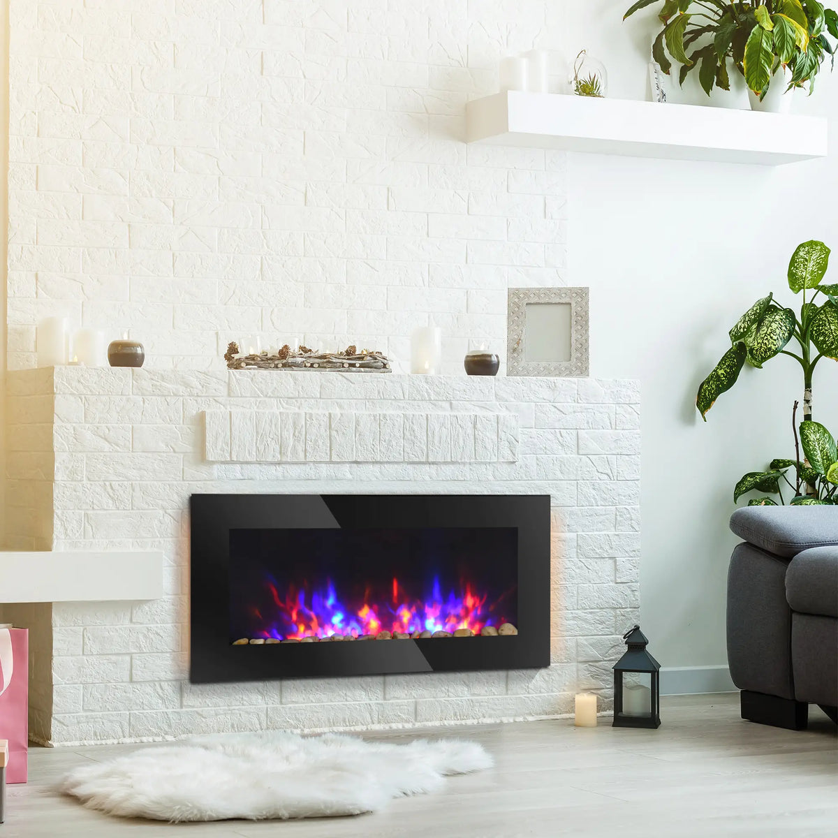 36" Wall-Mounted Electric Fireplace, 750/1500W, Flame Effect, 7 Color Light, Black Electric Fireplaces at Gallery Canada