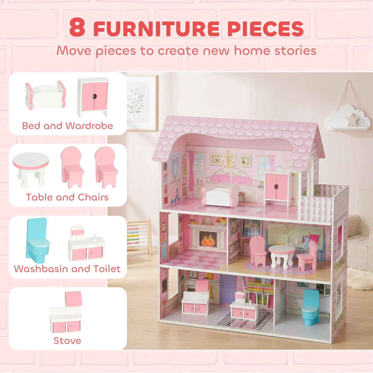 3-Story Dollhouse, LED, 6 Rooms, 8 PCS Accessories Play Houses at Gallery Canada