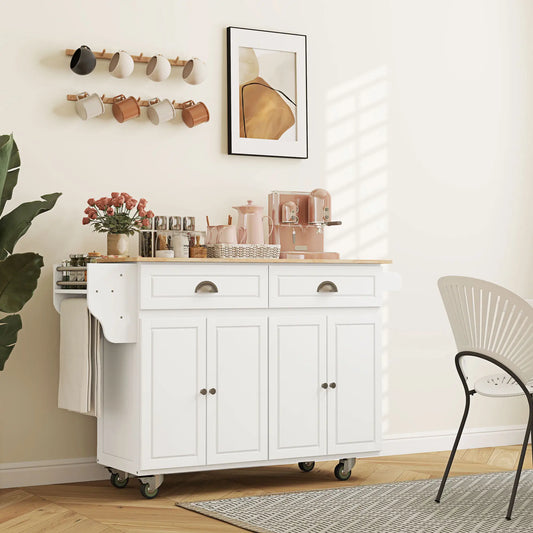 Kitchen Island with Storage, Drop Leaf, Rubber Wood Top, Adjustable Shelves, White Kitchen Islands & Kitchen Carts White at Gallery Canada