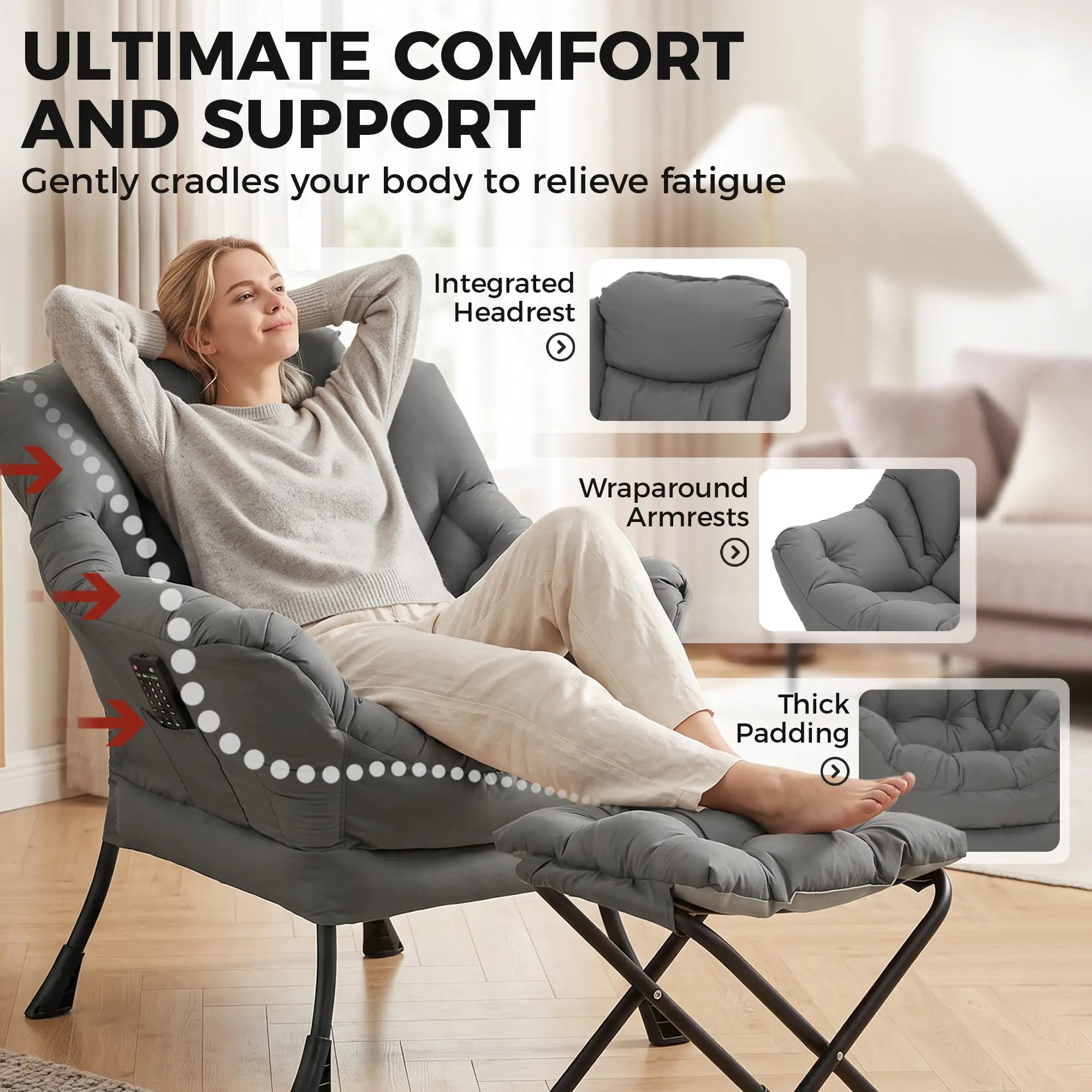 Lazy Chair With Ottoman, Peach Skin Fabric, Dark Grey Accent Chairs at Gallery Canada