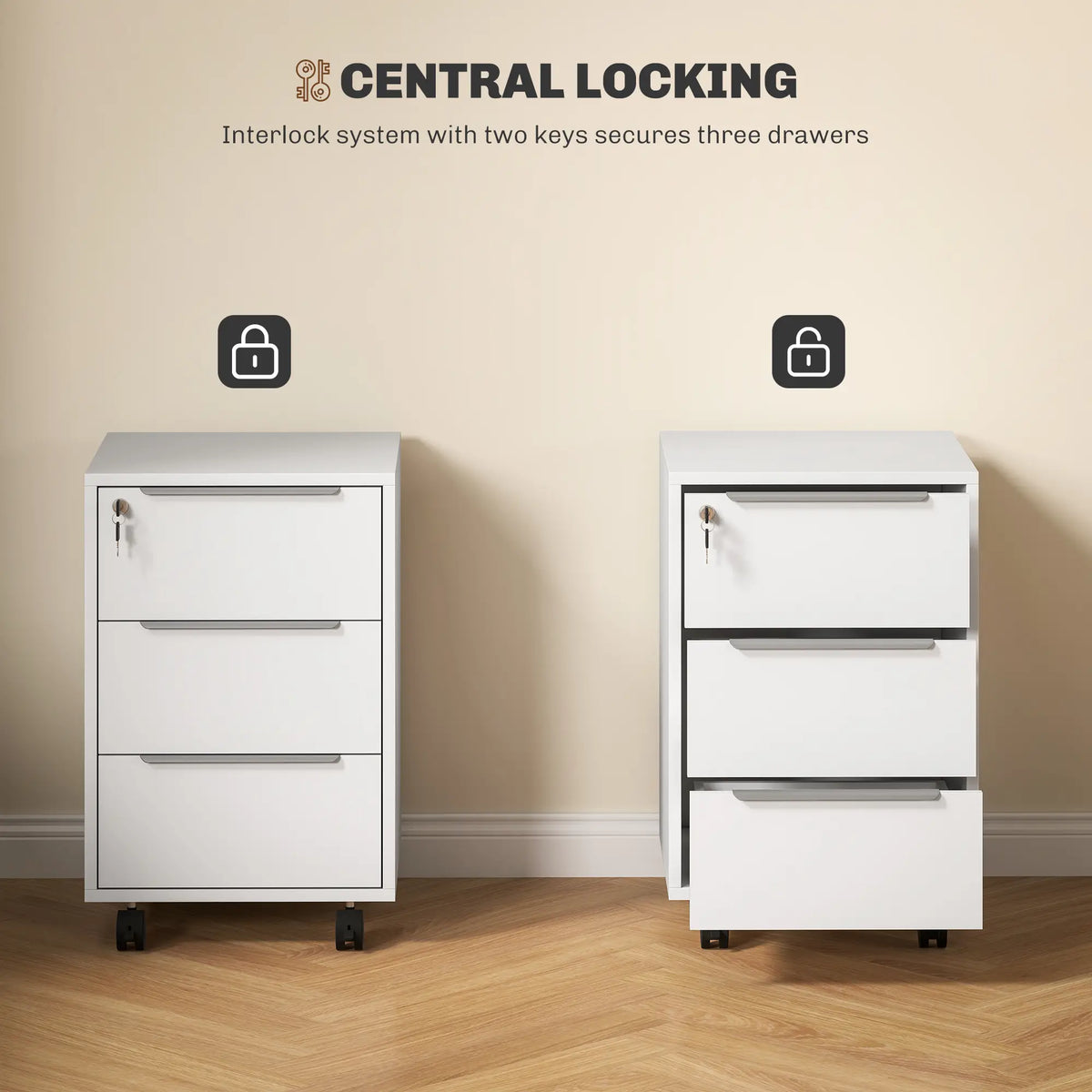 3-Drawer File Cabinet with Wheels, Vertical, Lock, White Office Cabinets & Cupboards at Gallery Canada