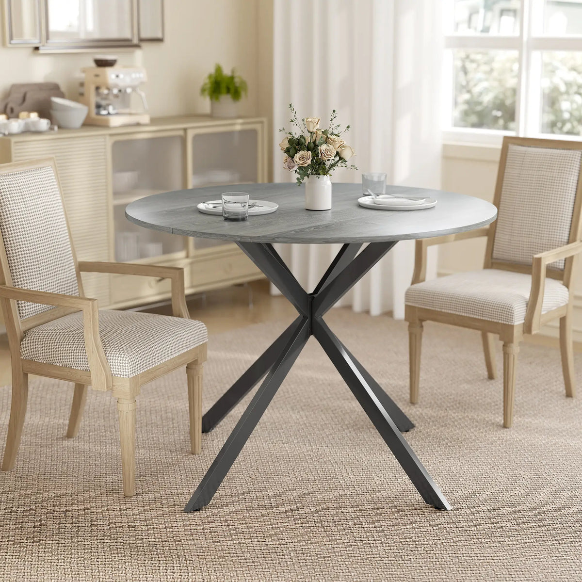 40" Round Kitchen Table For 4, Industrial Dining Table, Distressed, Grey