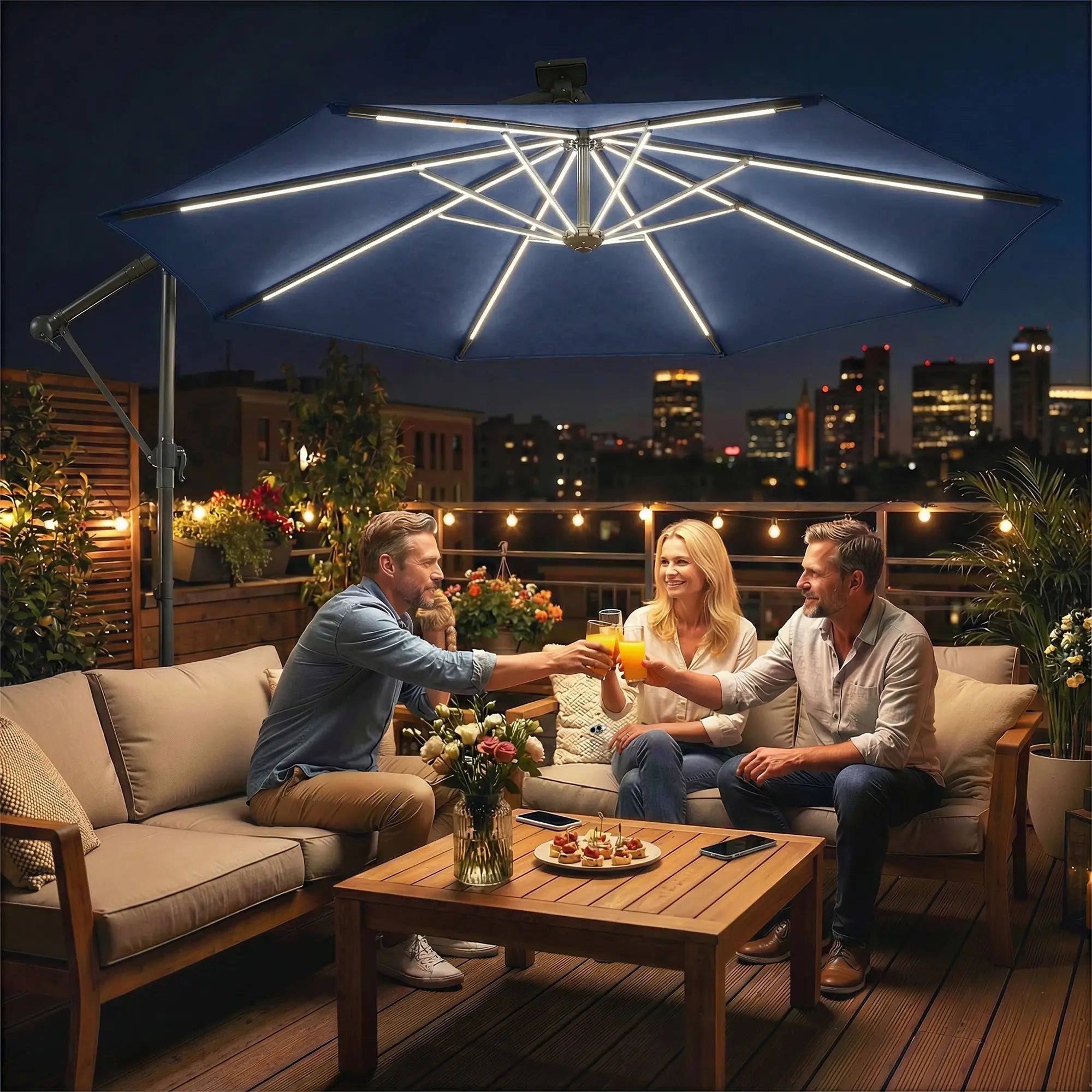 10 ft Offset Patio Umbrella, Solar Light, 360° Rotation, Tilt, Cover, Navy Blue Offset Cantilever Umbrellas at Gallery Canada