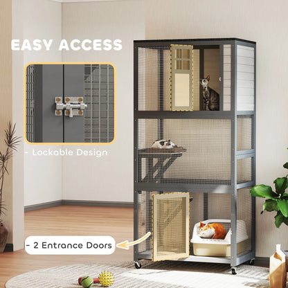 74" Wooden Outdoor Cat House, Weatherproof, Wheeled, Light Grey Outdoor Cat Enclosures at Gallery Canada