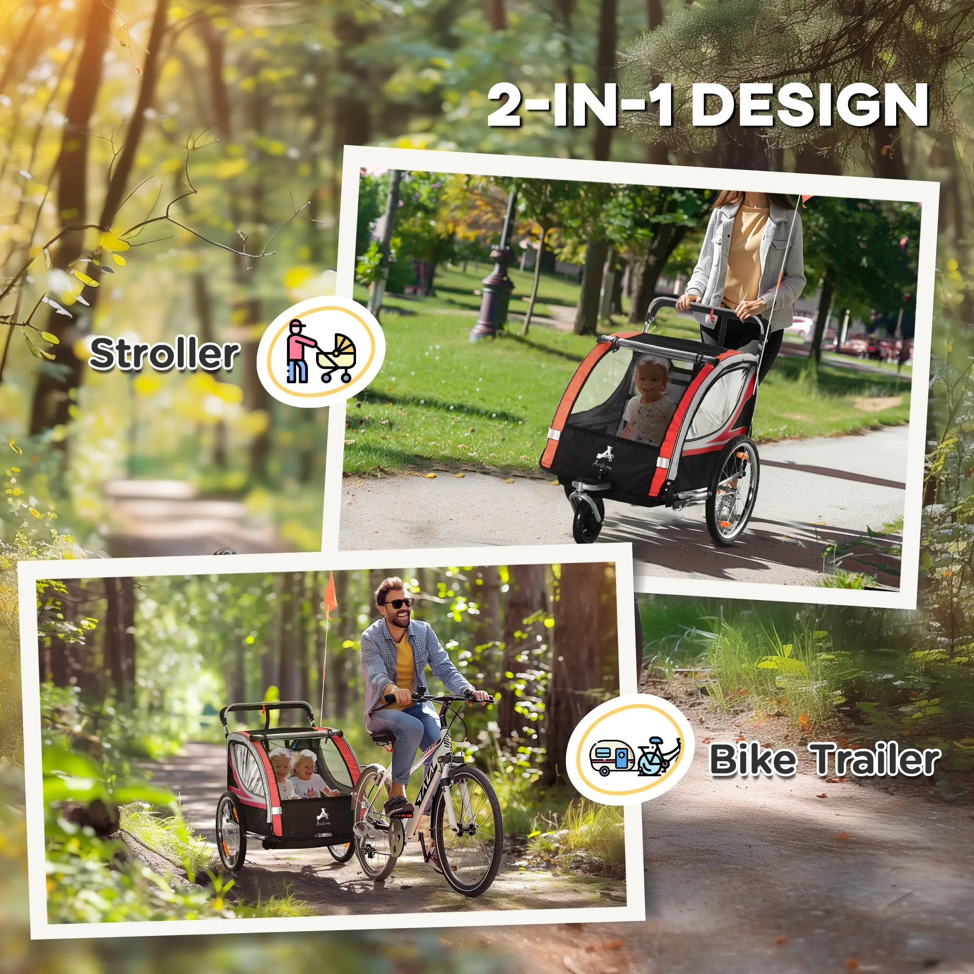 2 Seat Bike Trailer, Double Jogging Stroller, Handbrake, Red Kids Bike Trailers at Gallery Canada