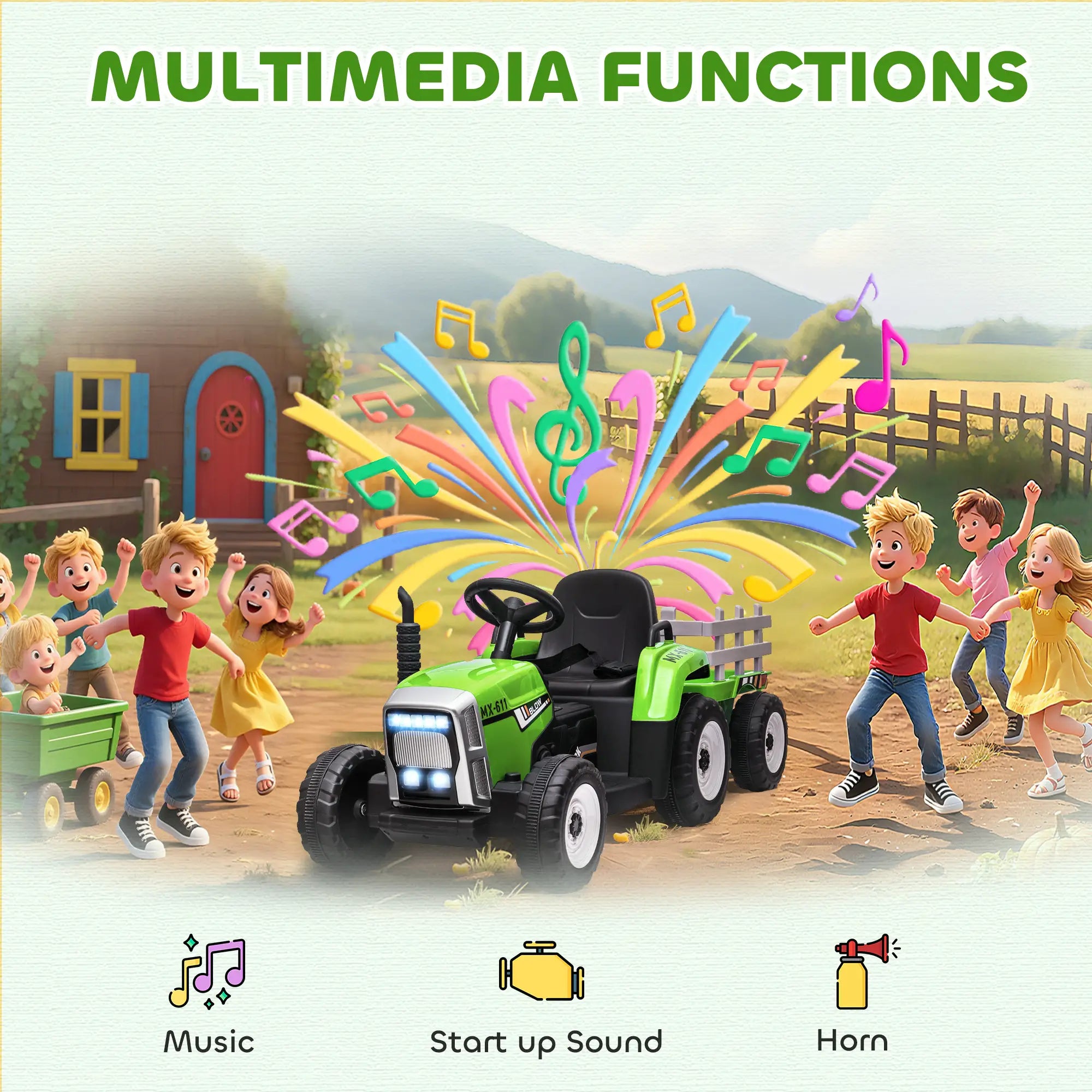 12V Kids Ride on Tractor with Trailer, Remote Control, Music, LED Lights, Green Electric Toy Cars at Gallery Canada