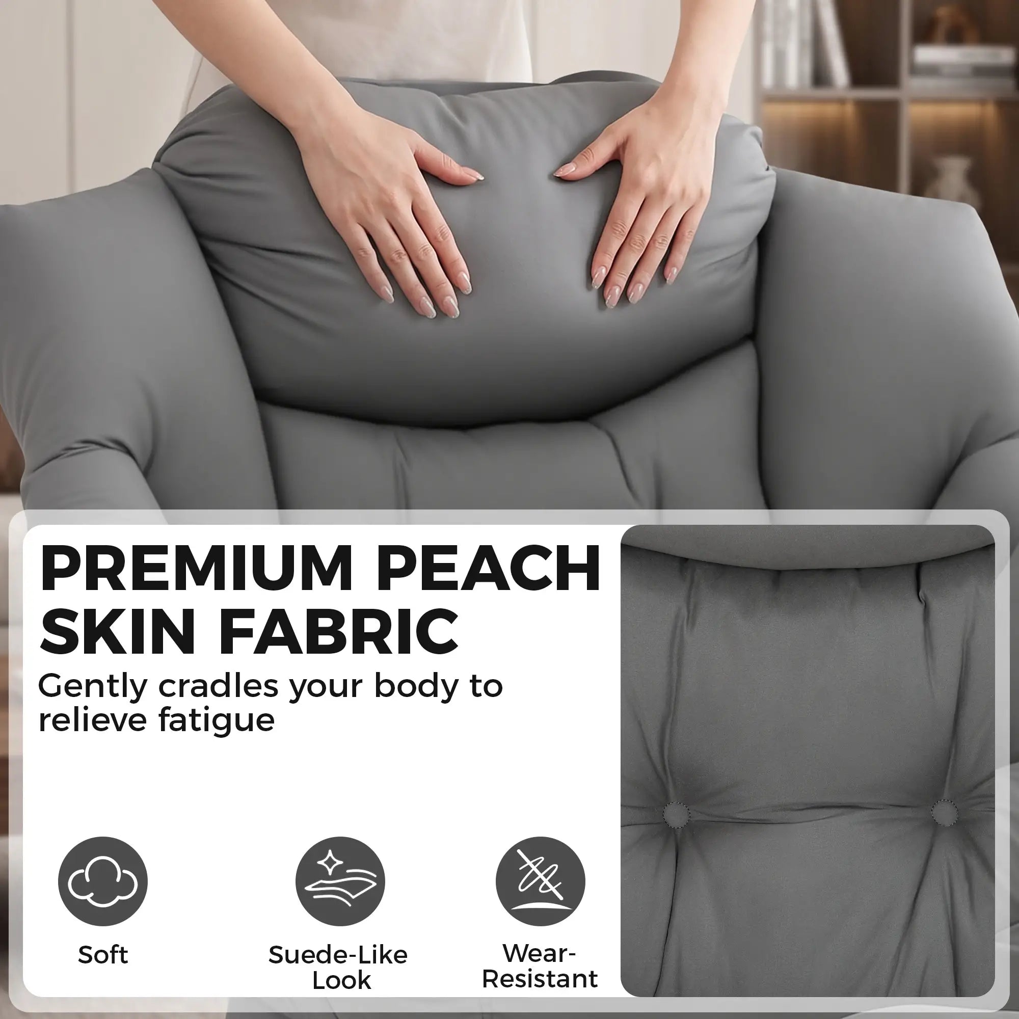Lazy Chair With Ottoman, Peach Skin Fabric, Dark Grey Accent Chairs at Gallery Canada