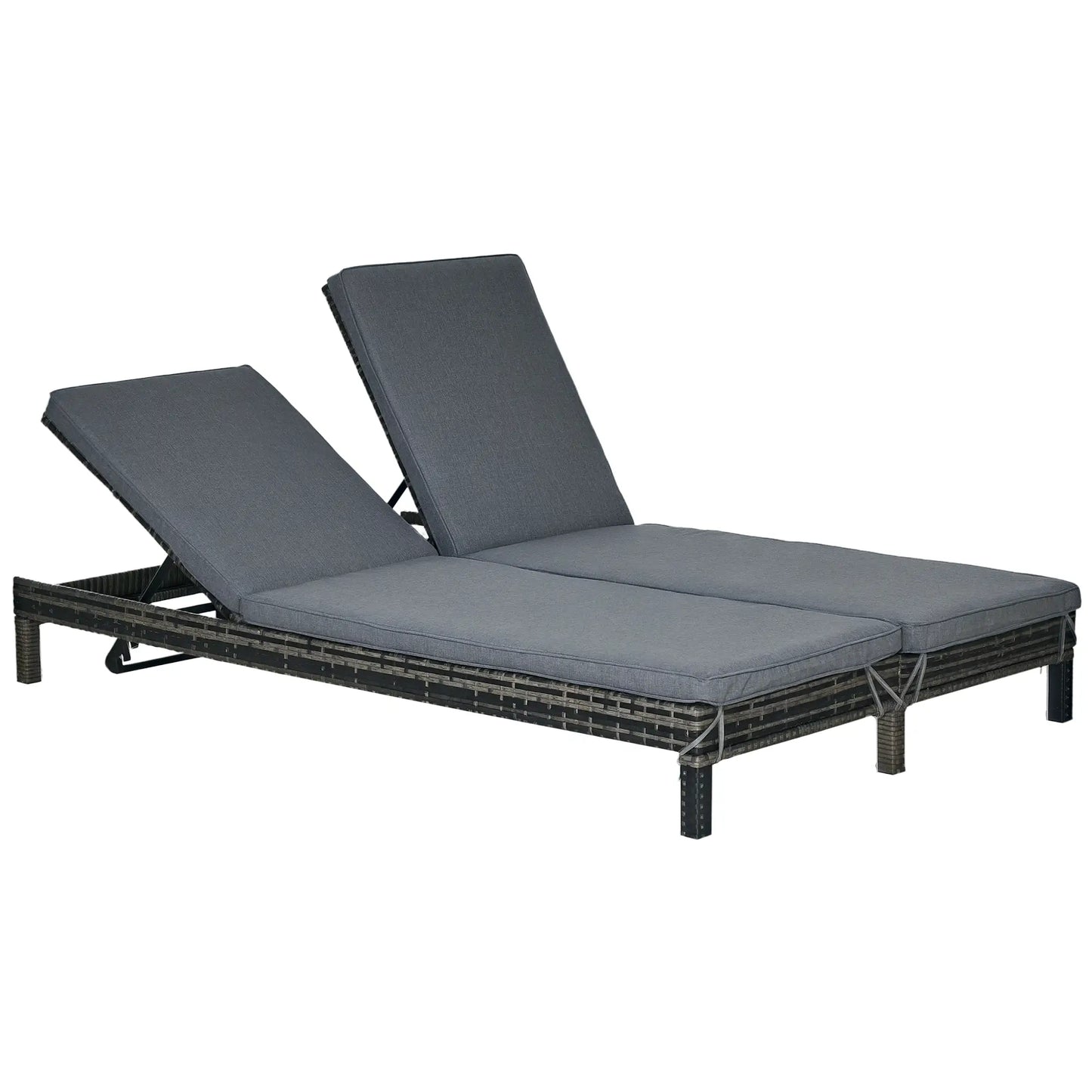 Wicker Double Chaise Lounge, Outdoor Recliner, Rattan Sunbed, Adjustable Backrest, Black, Grey Chaise Loungers Grey at Gallery Canada