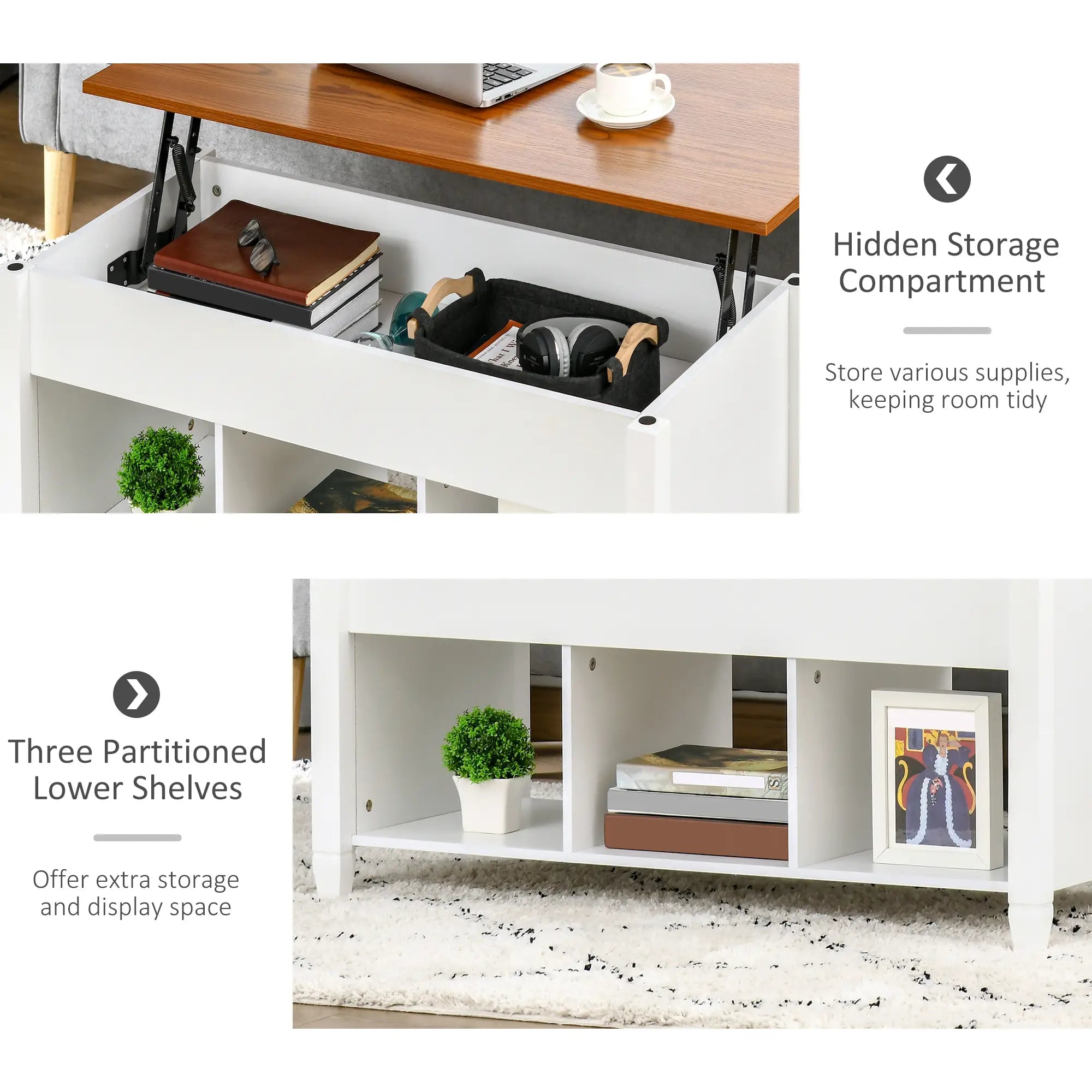 Lift Top Coffee Table, Hidden Storage, 3 Shelves, White and Brown Coffee Tables at Gallery Canada