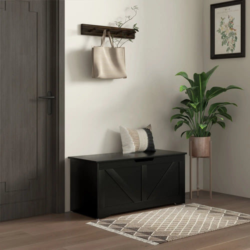 39.4 Inches Storage Chest, Wooden Box with Safety Hinges, Wood Grain, Black