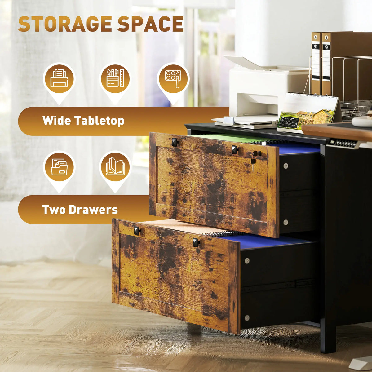 2 Drawer File Cabinet, Lockable, Adjustable Hanging Bar, Letter, A4 Size, Rustic Brown Office Cabinets & Cupboards at Gallery Canada
