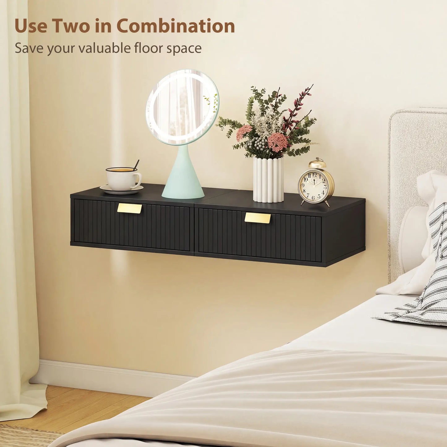 Modern Floating Nightstands, Set of 2, Wall Mounted, Wave Drawer, Black Bedside Tables at Gallery Canada