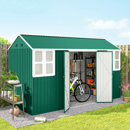 12' x 5.5' Metal Storage Shed, Outdoor Tool House, Green
