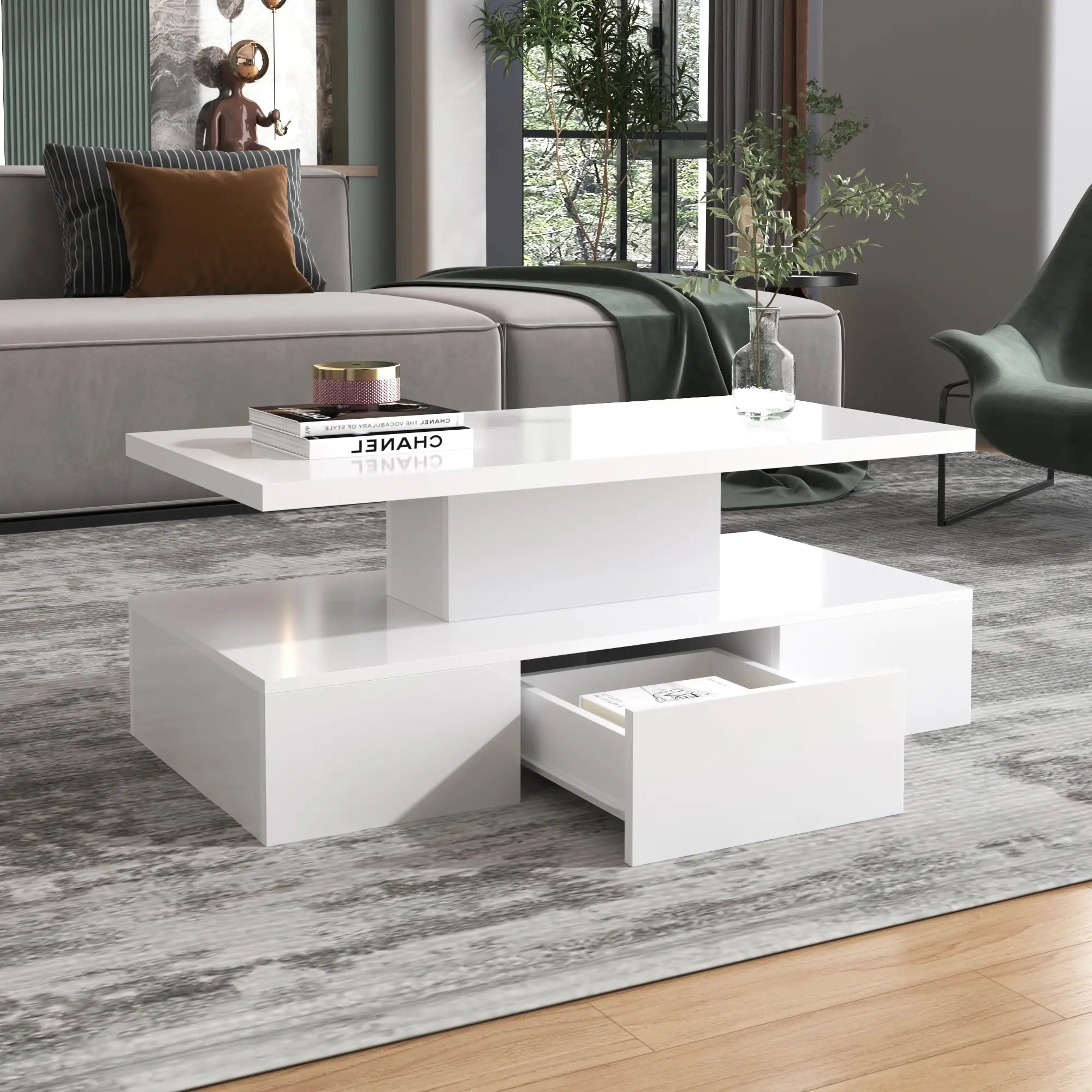 High-Gloss Coffee Table, Hidden Drawer, 39.5